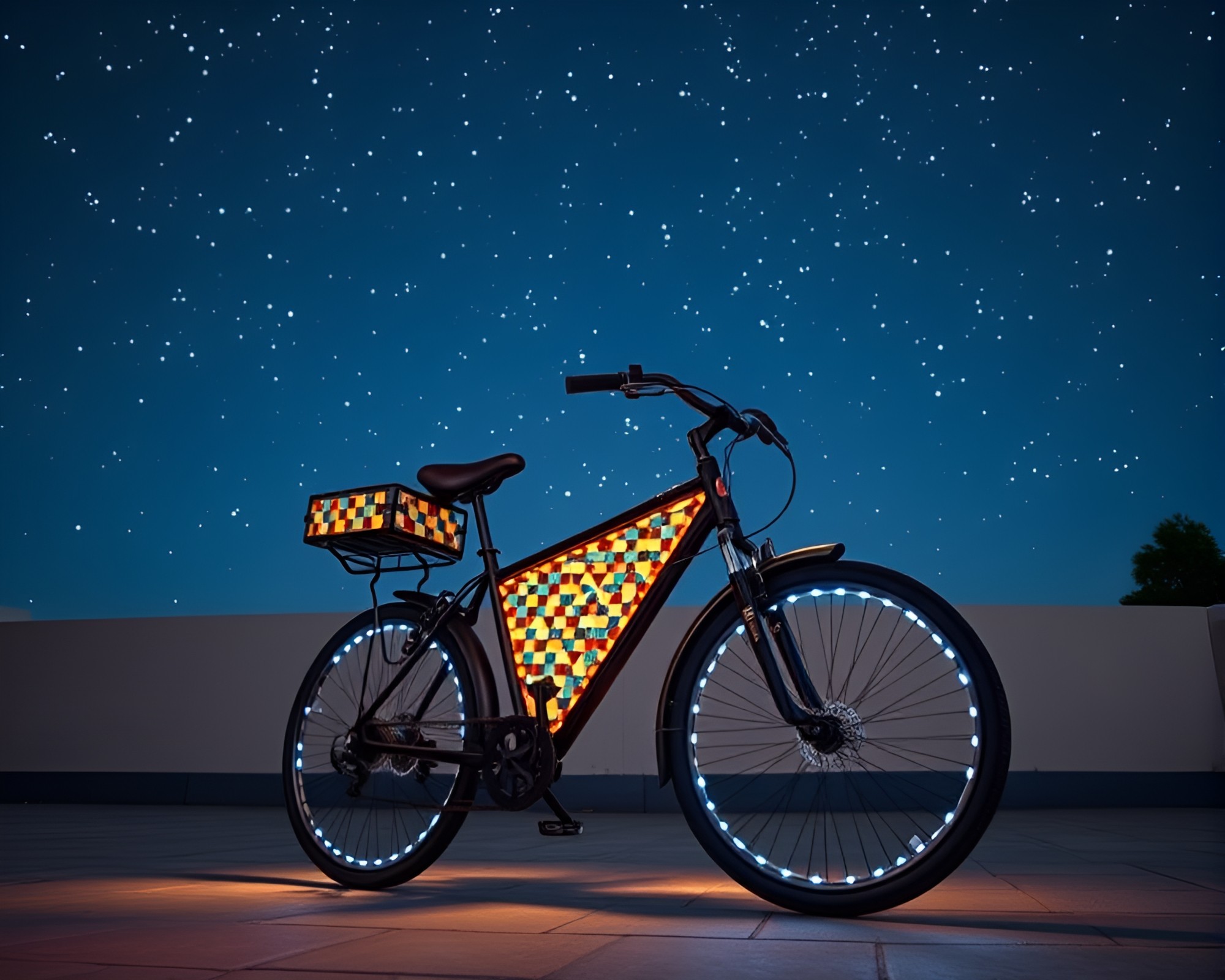 Glowing Solar-Powered Bike Under Starlit Mosaic Sky – free AI stock image
