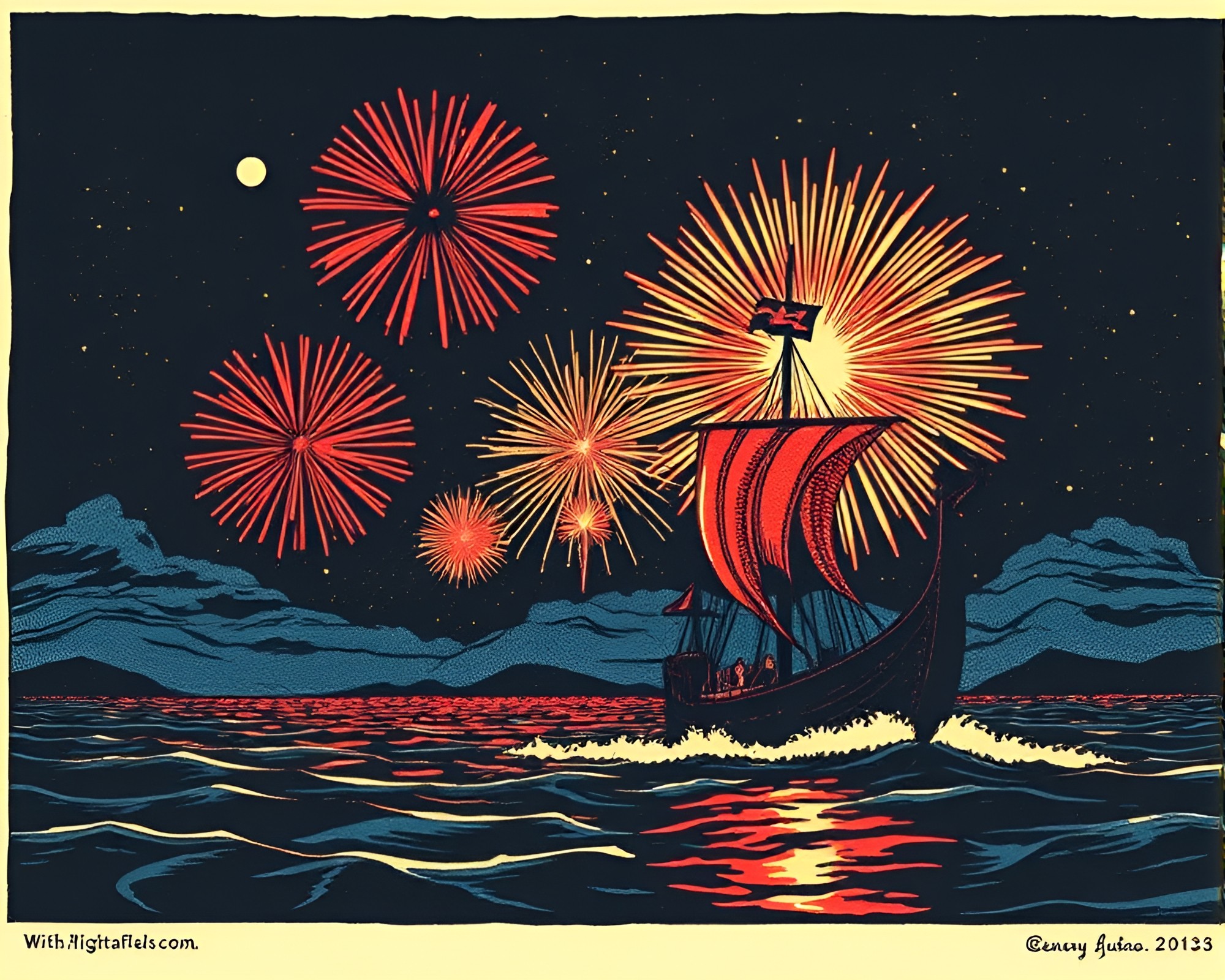 Viking Longship Sailing Through Solar Flare Fireworks – free AI stock image