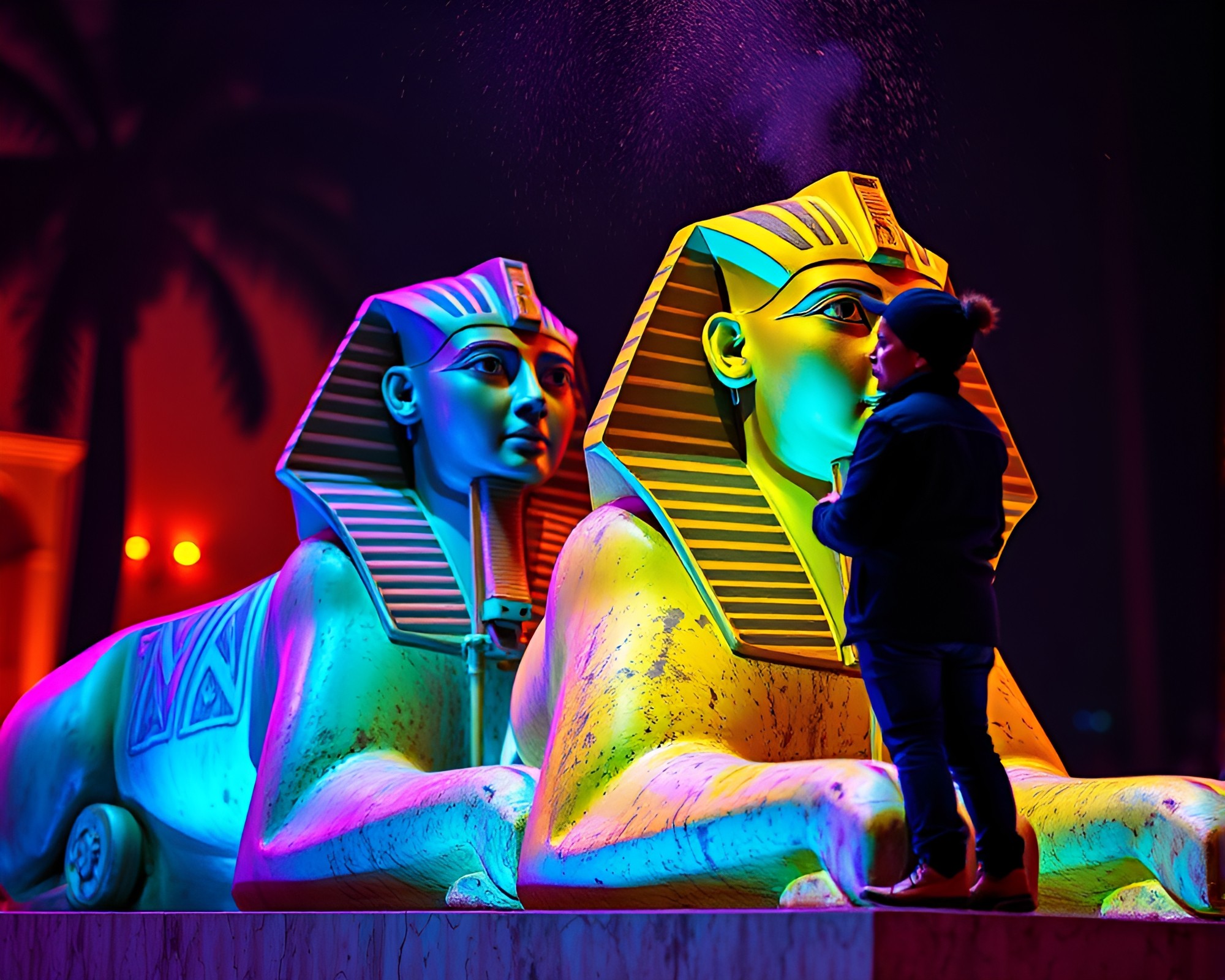 Vibrant Sphinx Statue Illuminated by Neon Lights – free AI stock image