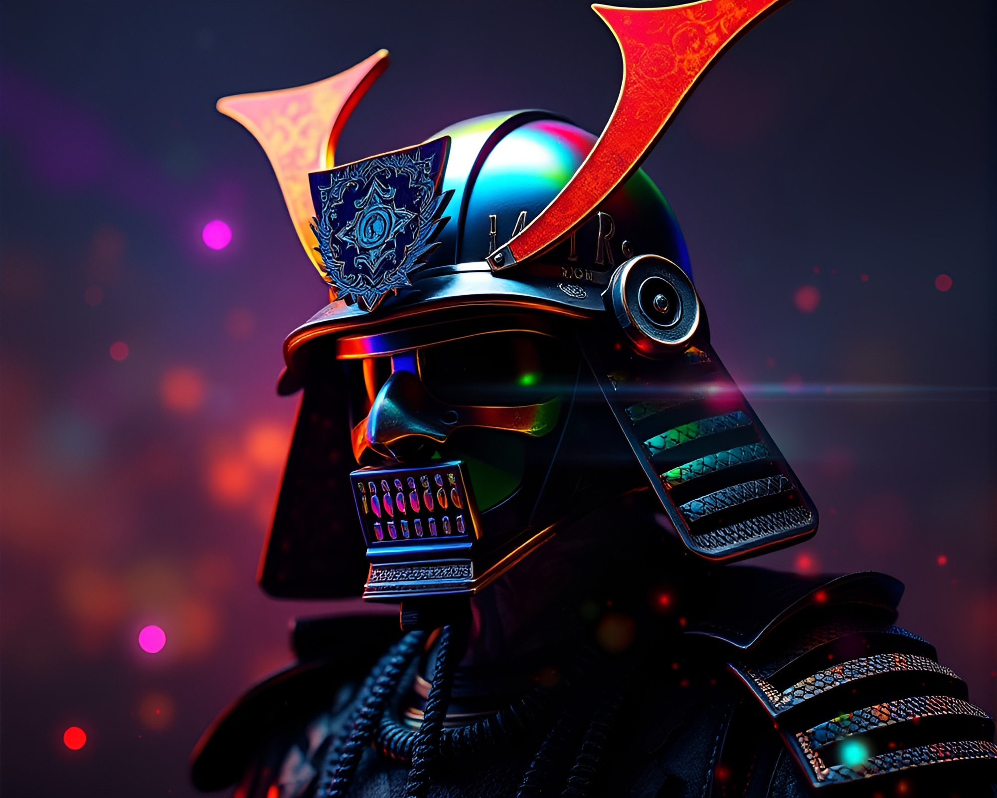 Samurai Helmet in Holographic Cosmic Rainbow – free AI stock image
