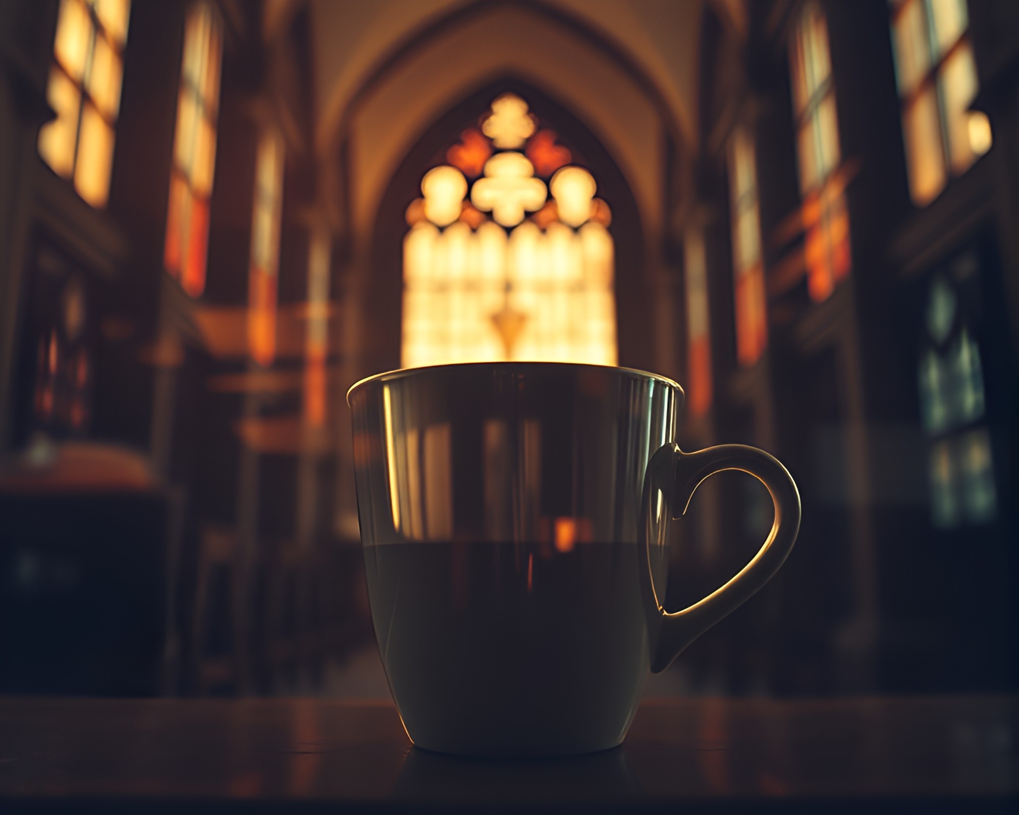 Coffee Dreams: Duotone Double Exposure Cathedral Illumination – free AI stock image