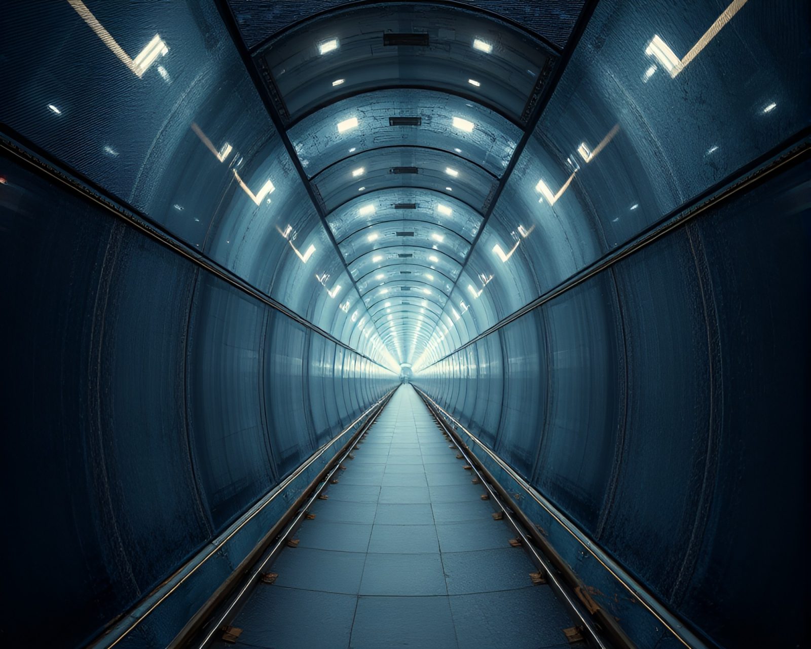 A dreamy glass tunnel with ethereal denim-colored light.