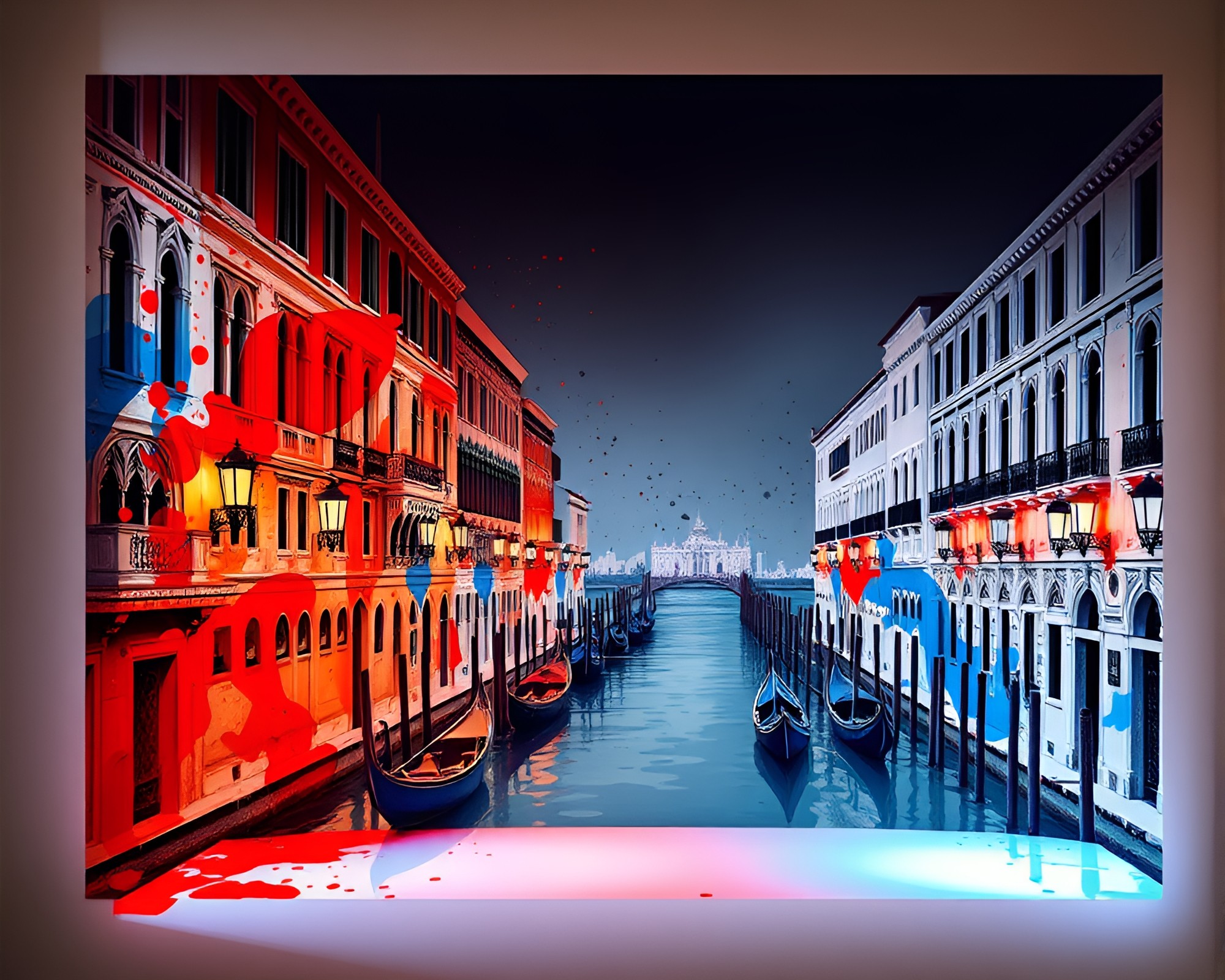 Origami-style Venetian canal stage spotlight ink splashes – free AI stock image