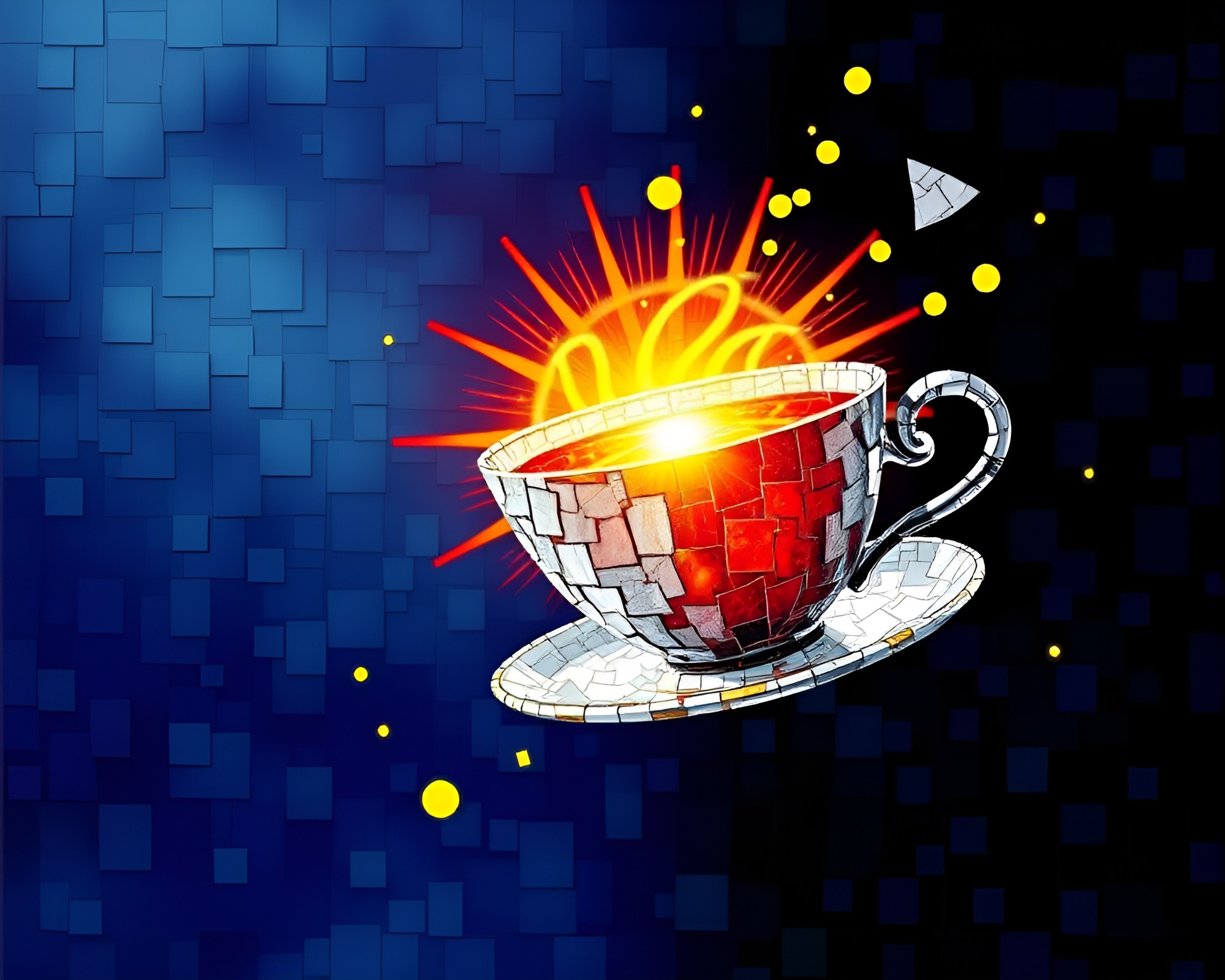 Broken Mosaic Tea Cup Floating in Solar Flare Glow – free AI stock image