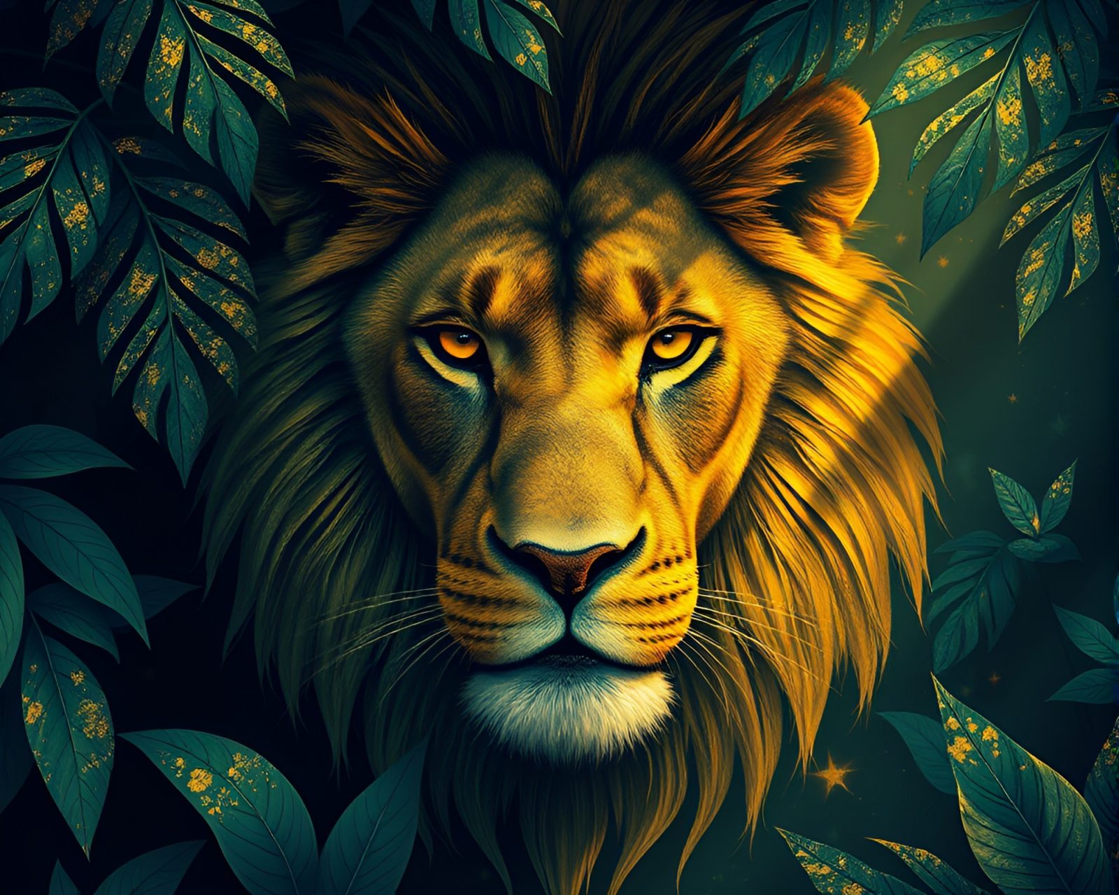 Surreal lion under jungle foliage with sparkling gold details