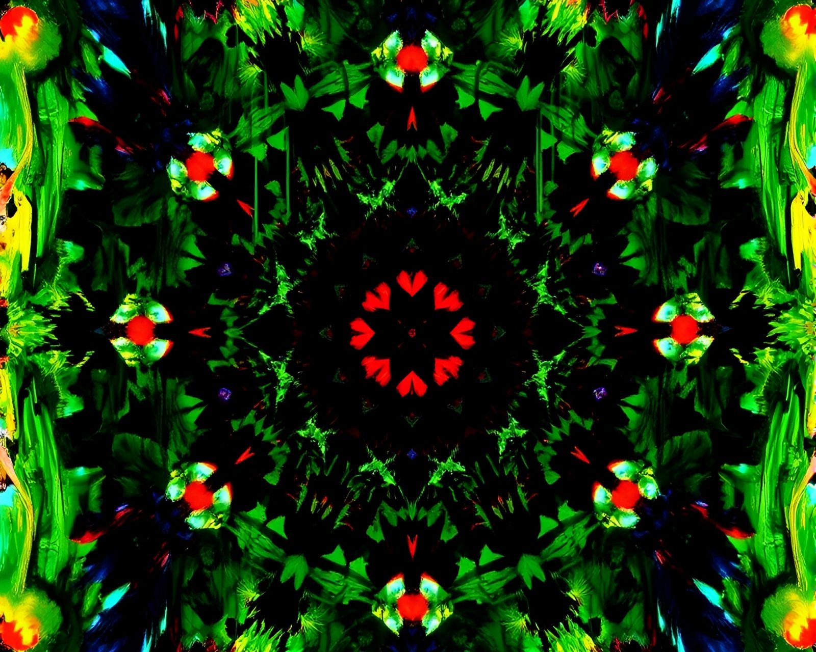 Vibrant kaleidoscope jungle with LED illuminations and ink drips