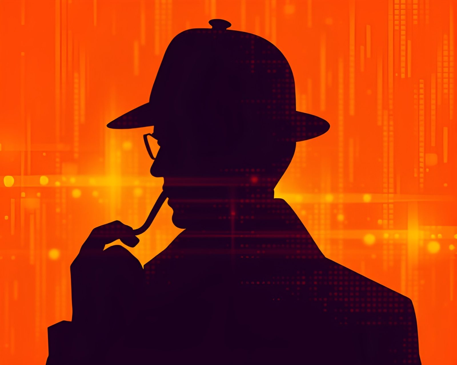 Silhouette of Sherlock Holmes in burnt orange synthwave style