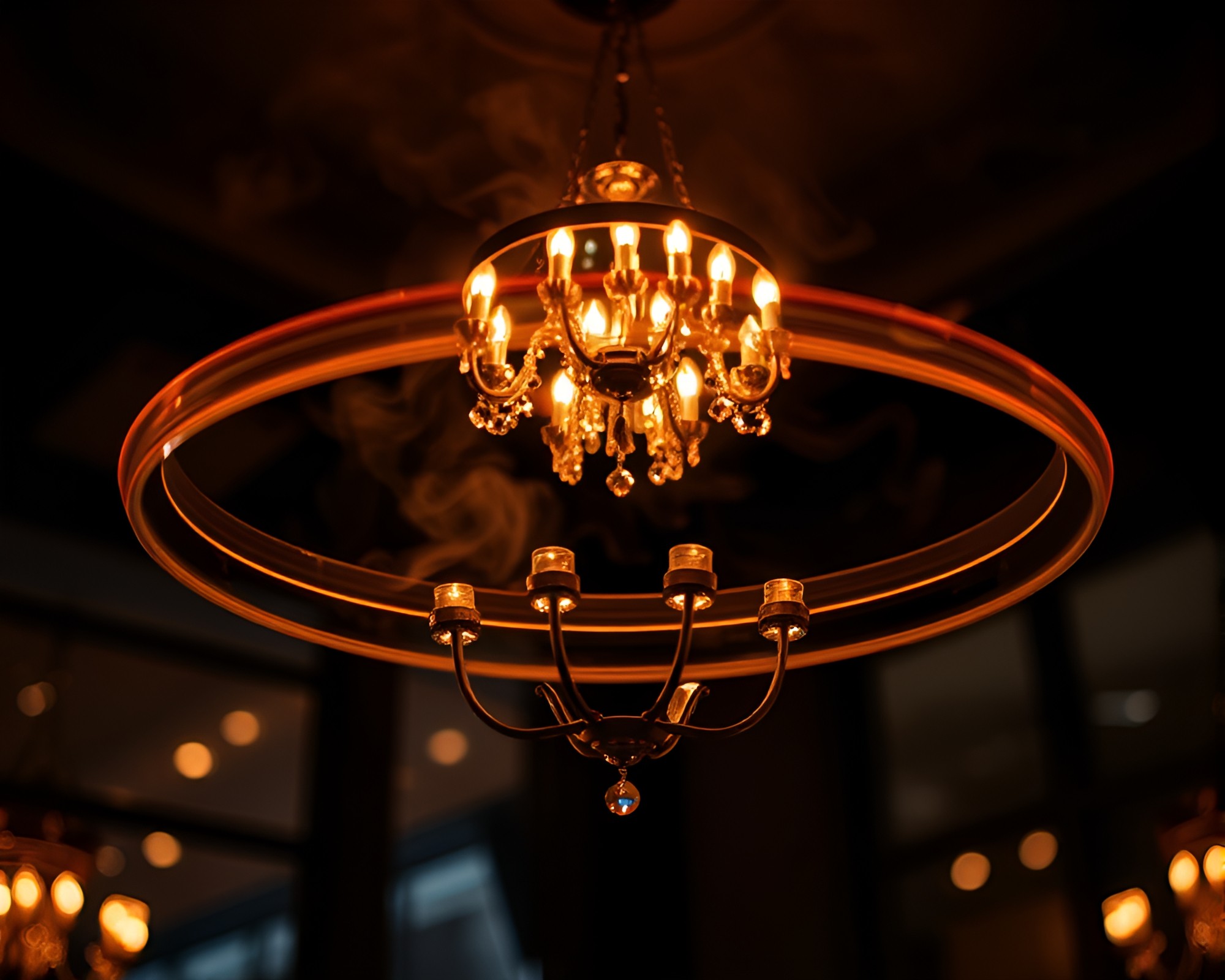 Enchanting Smoke Rings Dance Around Copper Chandelier – free AI stock image