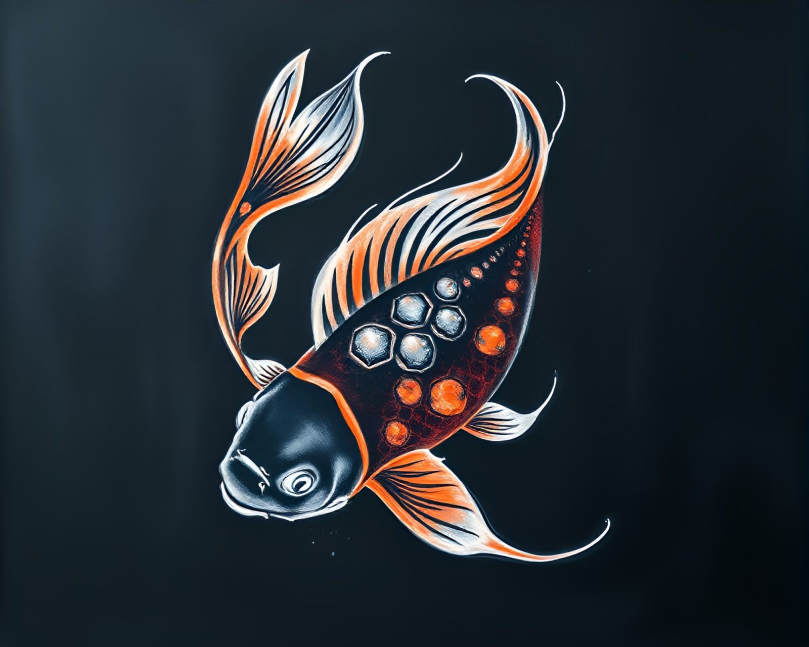 Backlit silhouette of Koi fish with chalk scrawls and ink wash style