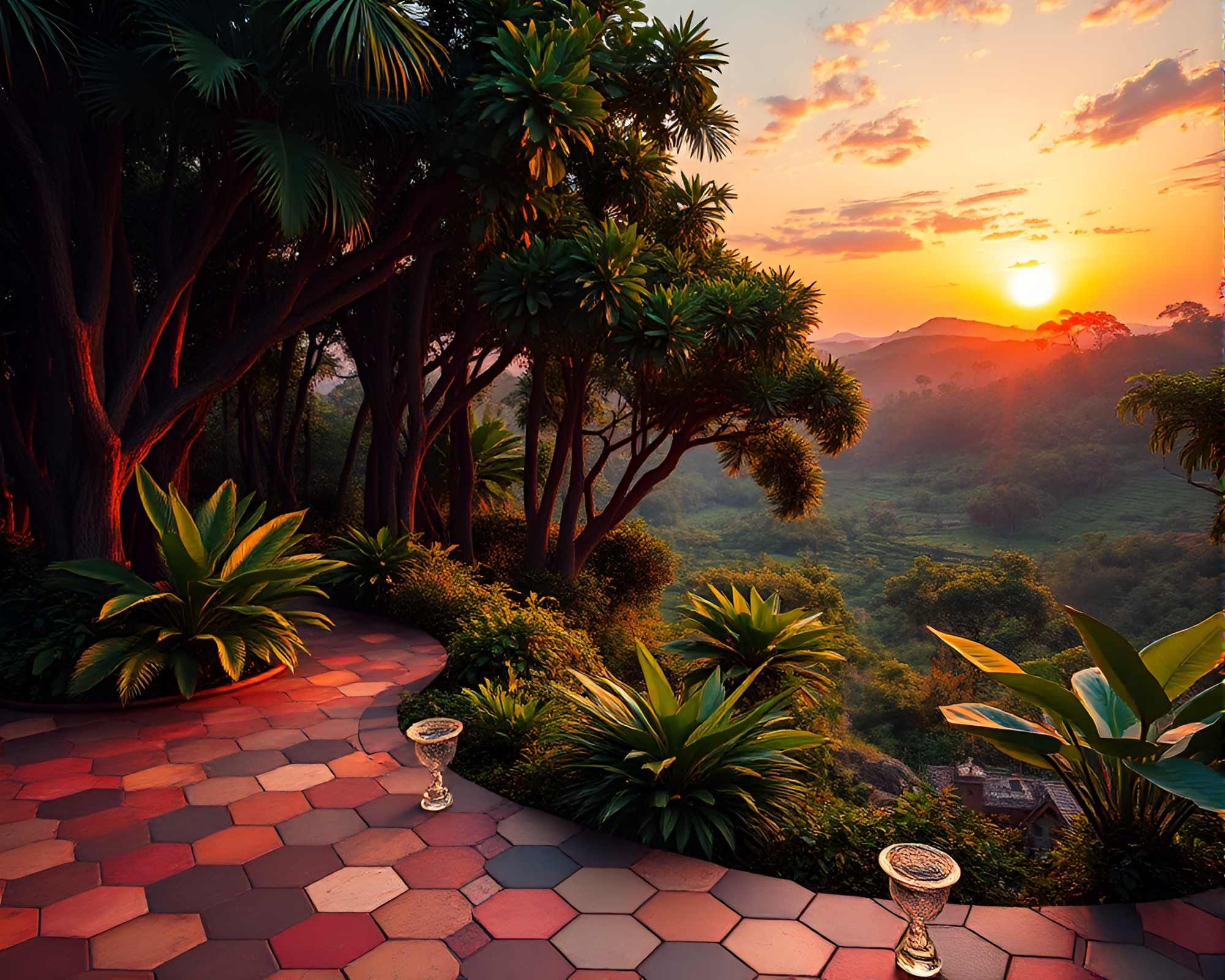 Vaporwave Sunset In a Hexagonal Jungle Canopy – free AI stock image