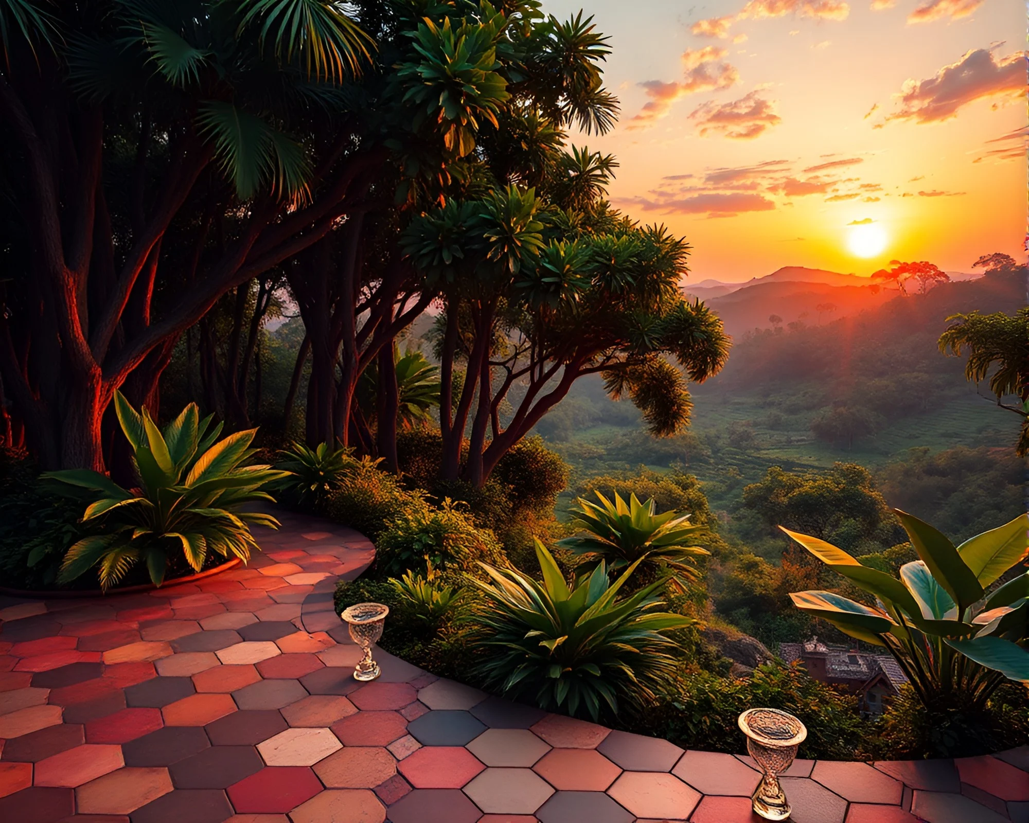Vaporwave Sunset In a Hexagonal Jungle Canopy