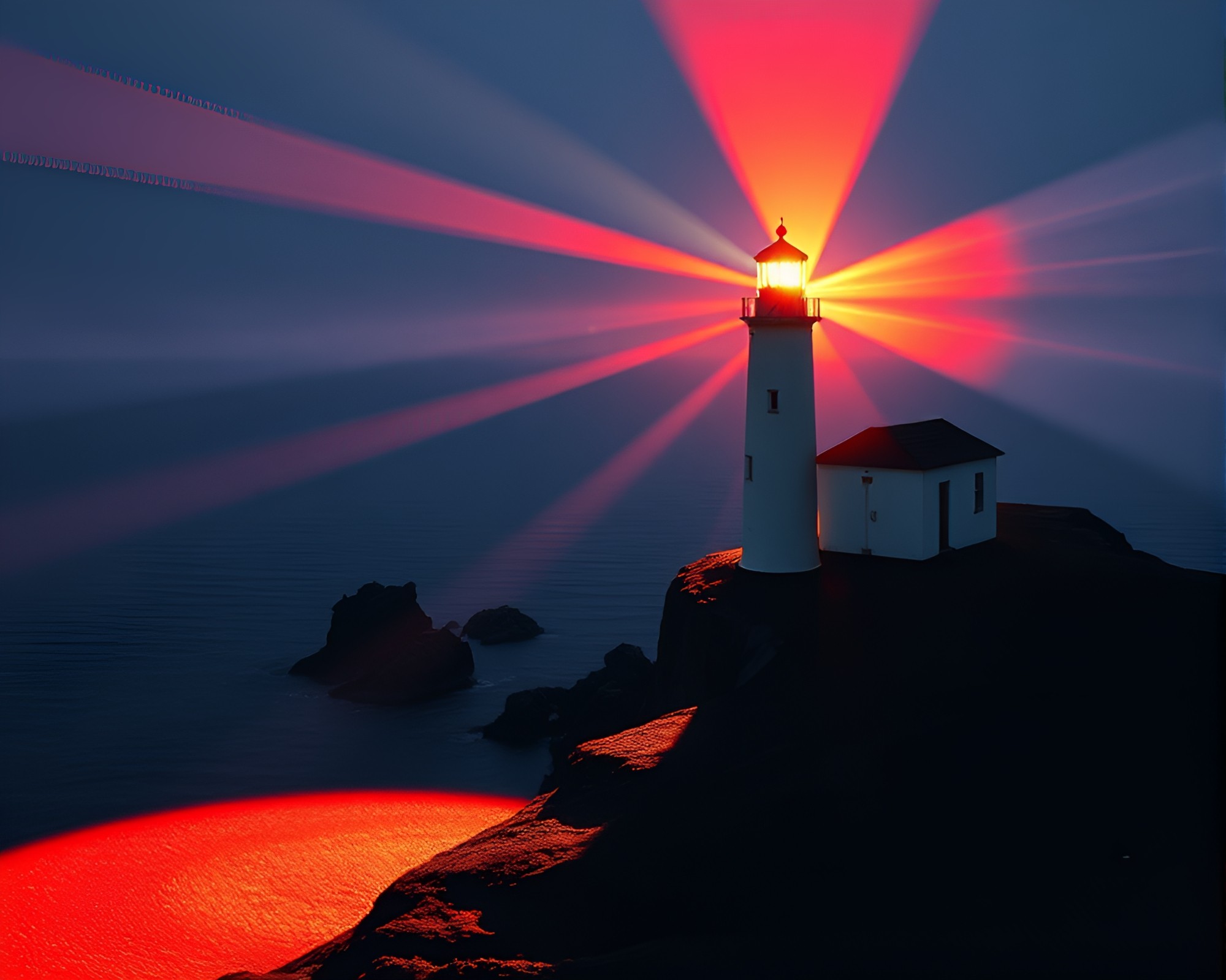 Lighthouse casting dramatic stencil shadows in hyper-realistic scene – free AI stock image