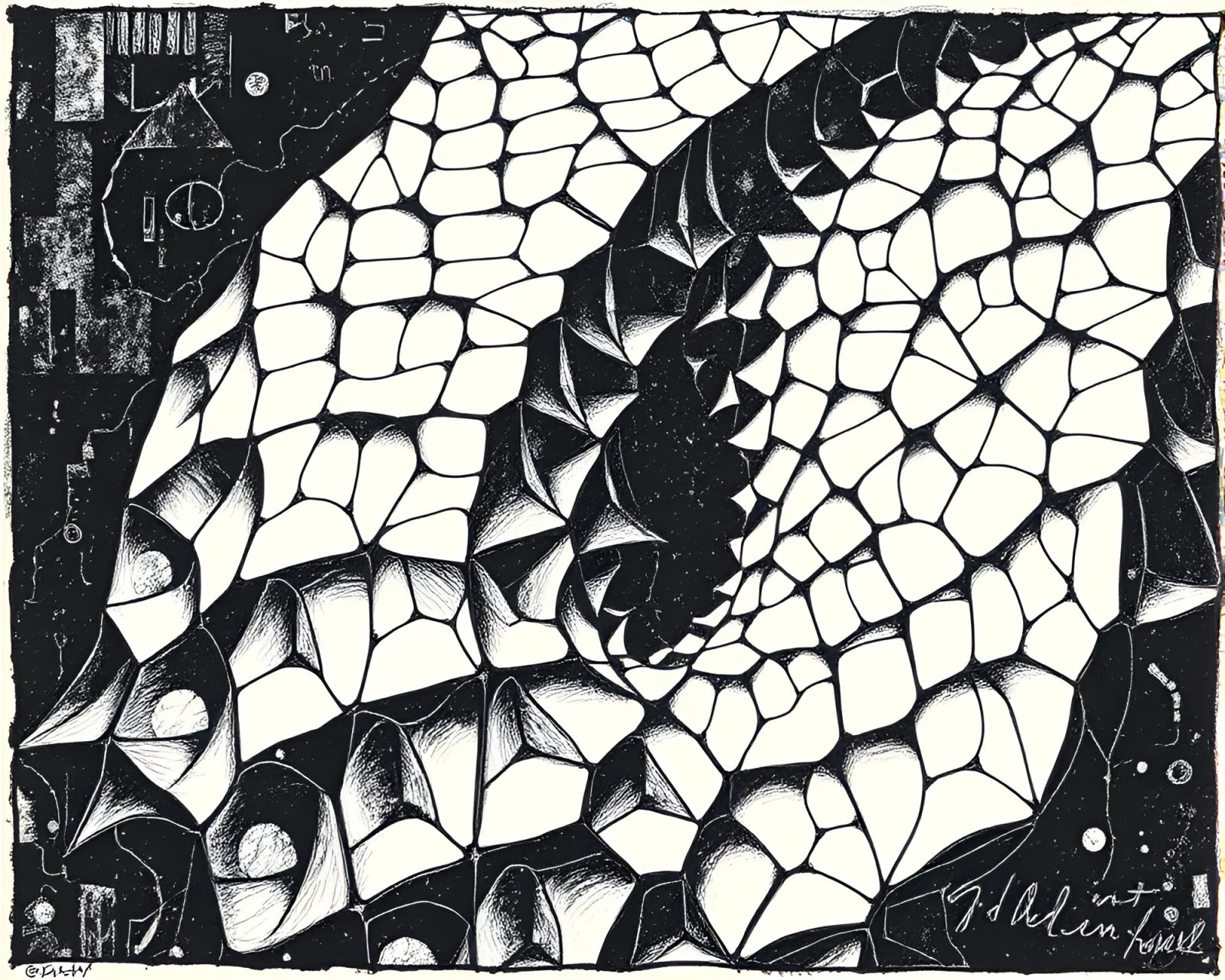 Bright linocut tessellation with M.C. Escher theme in charcoal