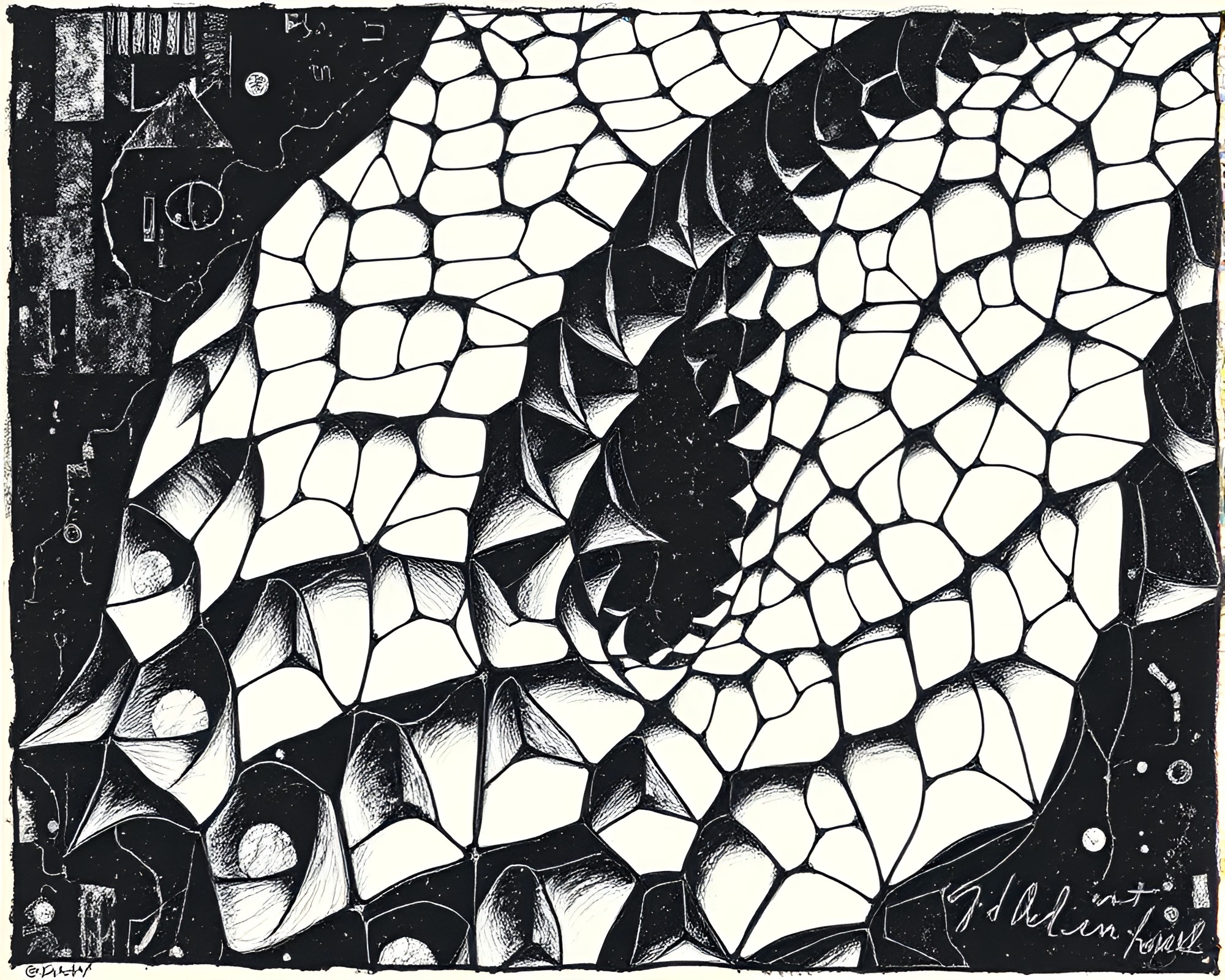 Escher-inspired Overexposed Linocut Charcoal Sketch – free AI stock image