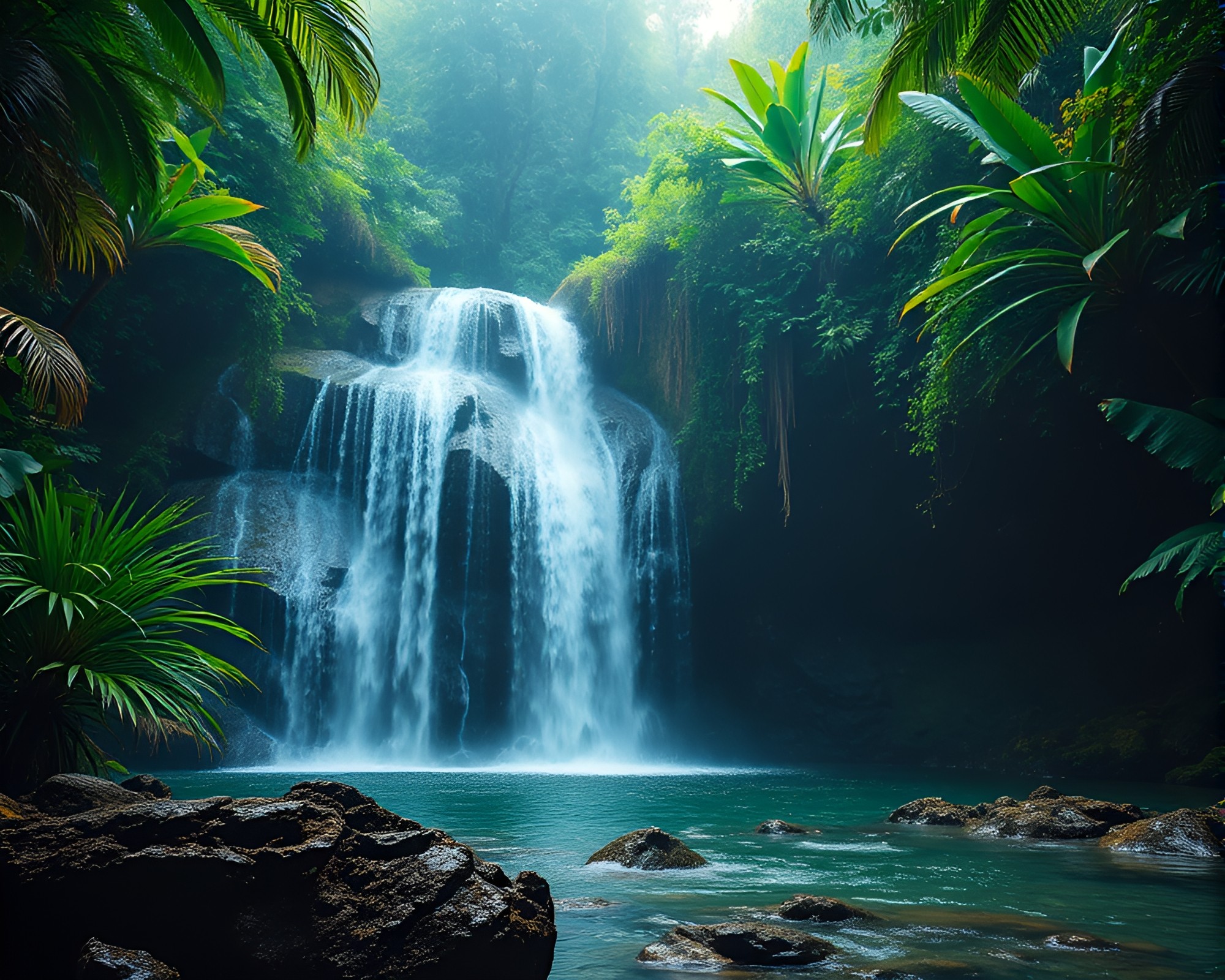 Tropical Stardust Waterfall with Spiral Compositions – free AI stock image