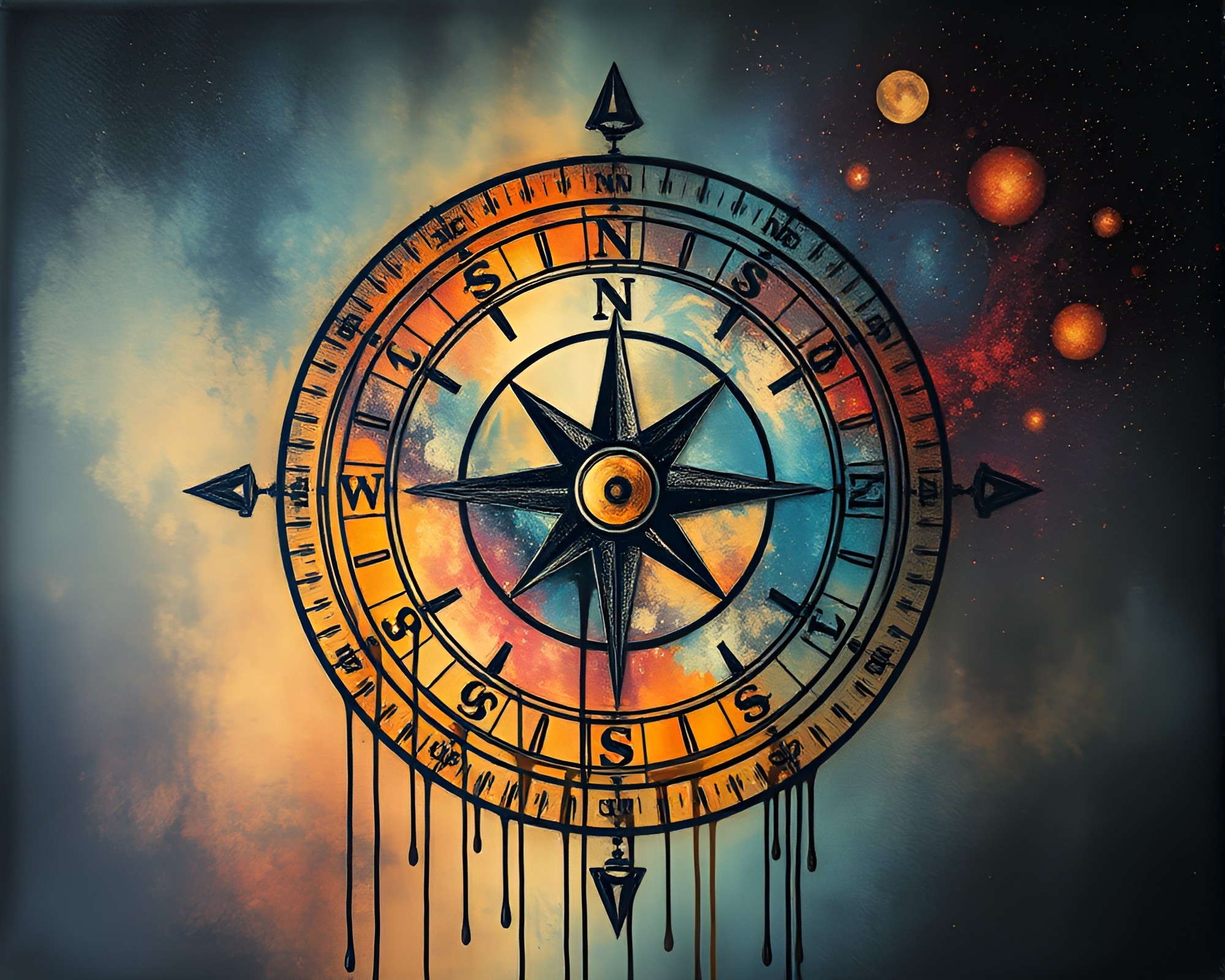 Cosmic Antique Compass Landscape with Paint Drips – free AI stock image