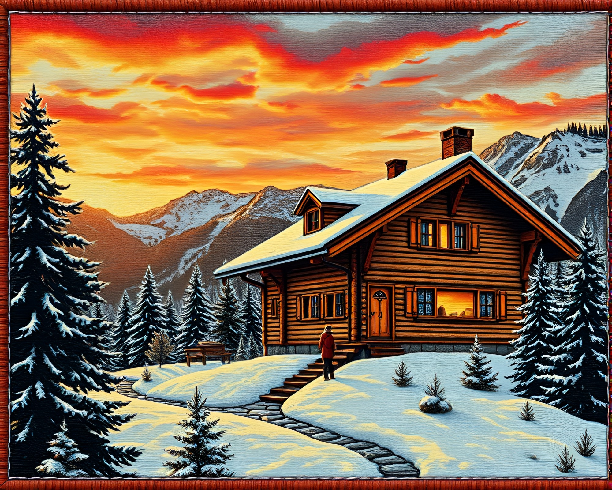 Alpine Chalet Sunset Stitched Cloth Simulation – free AI stock image
