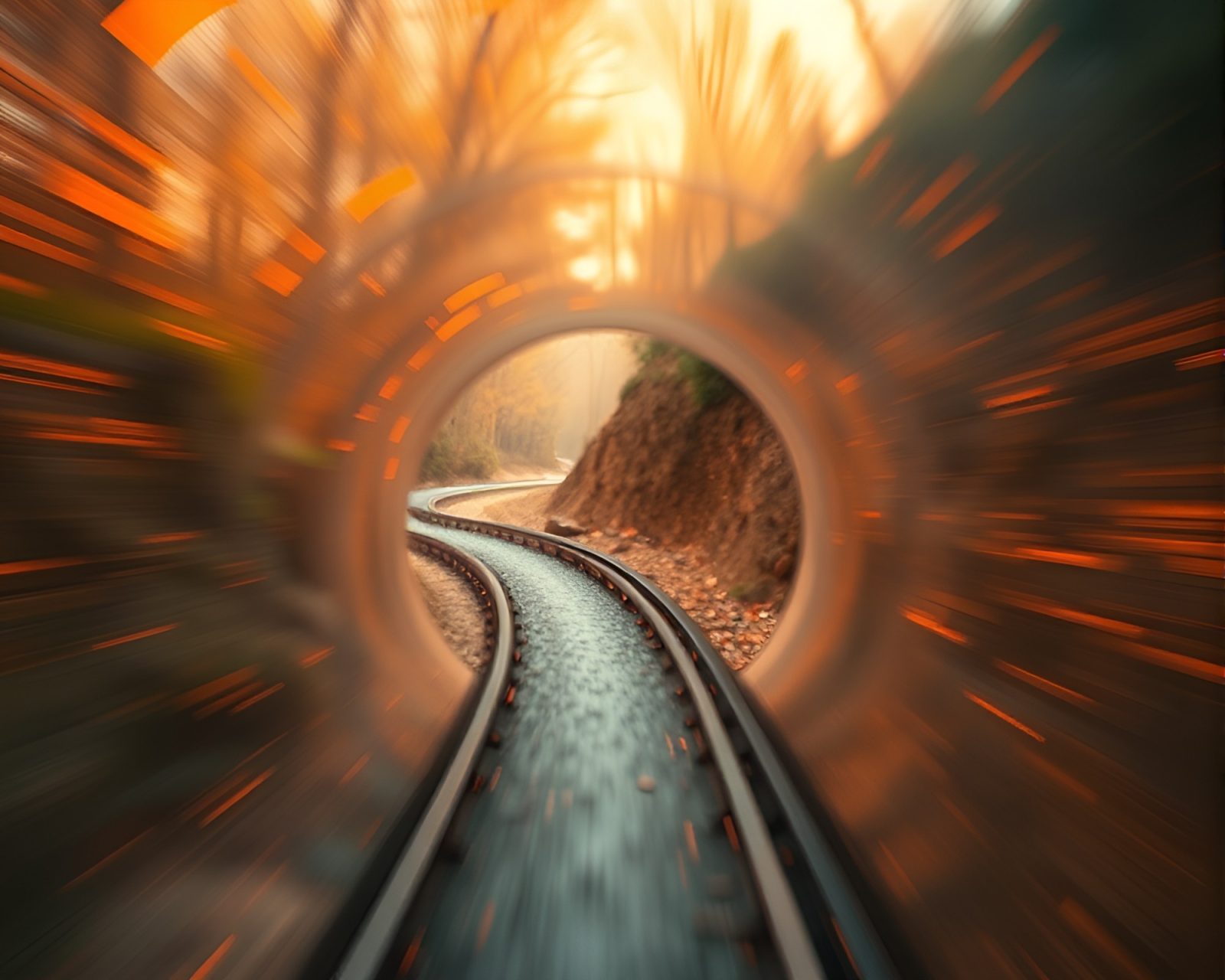 A stunning tilt-shift image of a small glass tunnel with a warm burnt orange glow and dynamic zoom burst effect