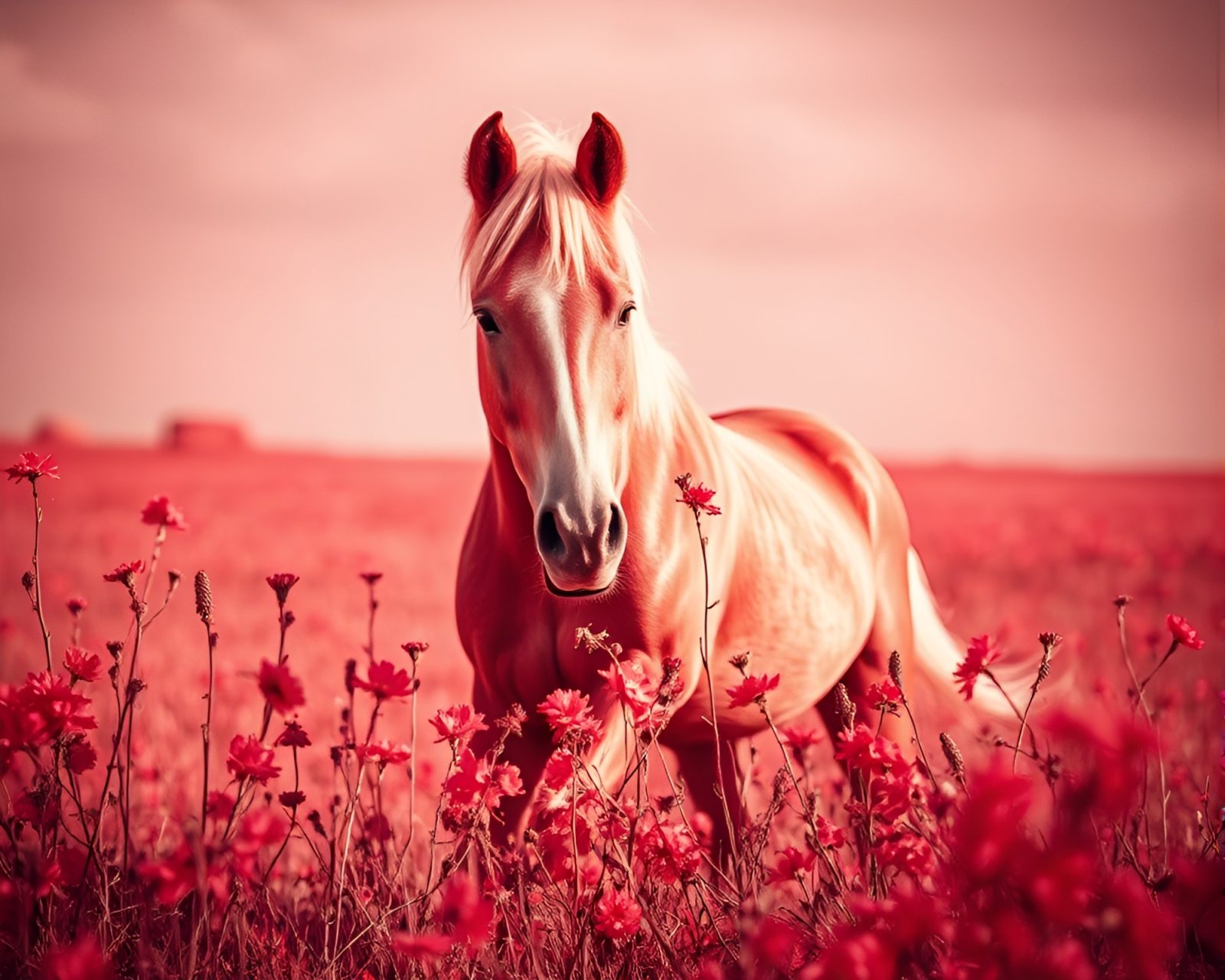 Majestic horse among ethereal watercolor flowers under infrared lighting