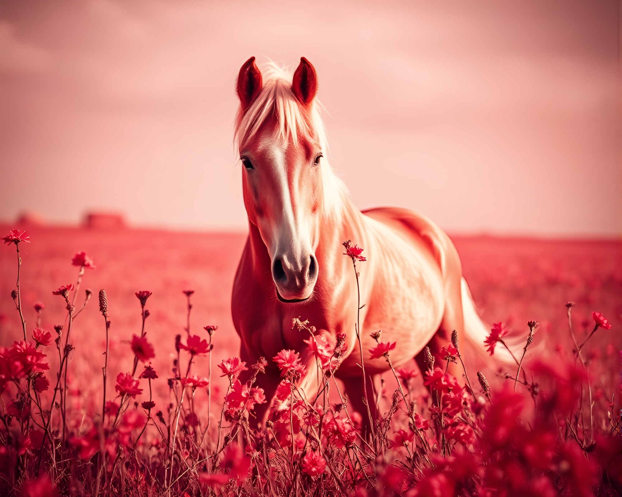 Wild Stallion in Watercolor Blooms: Infrared Shadows – free AI stock image