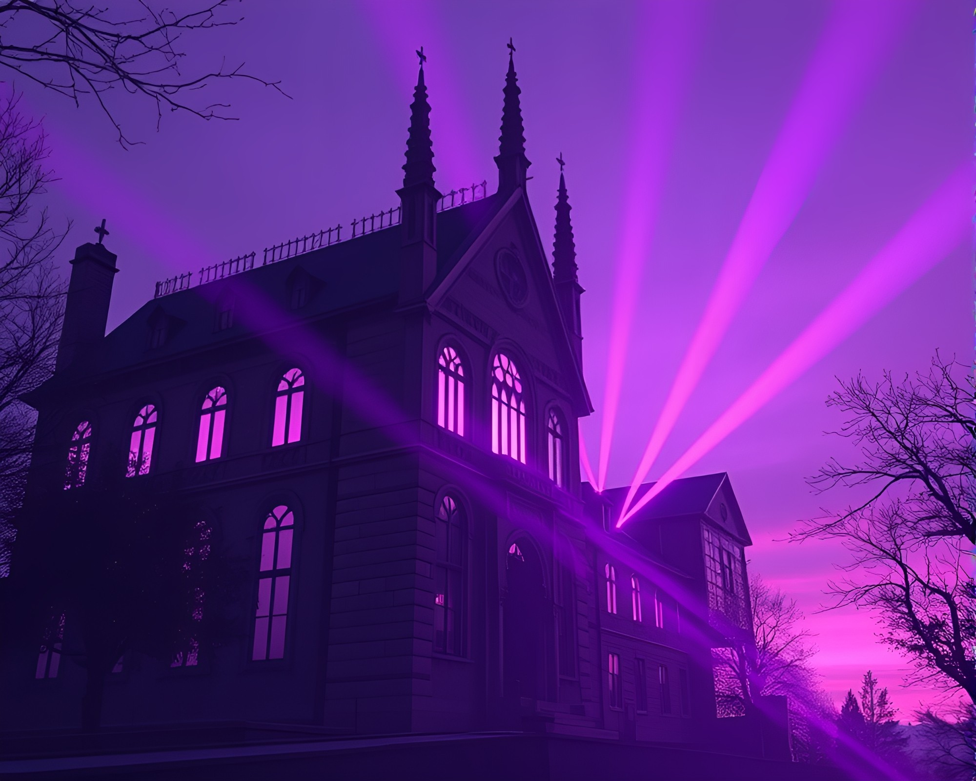 Goblin Lair Illuminated by Twilight Purple Laser Beams – free AI stock image