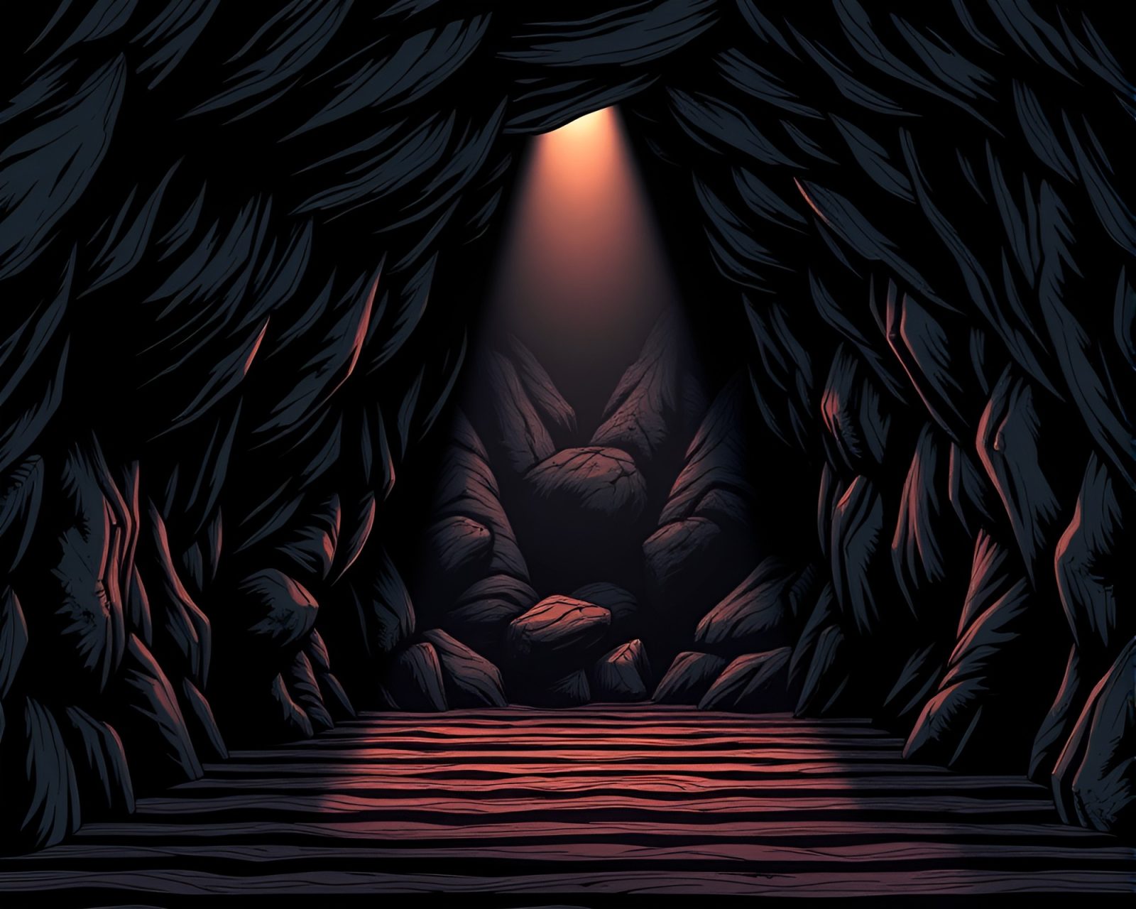 Colorful striped patterns in a glowing manga-style cavern.