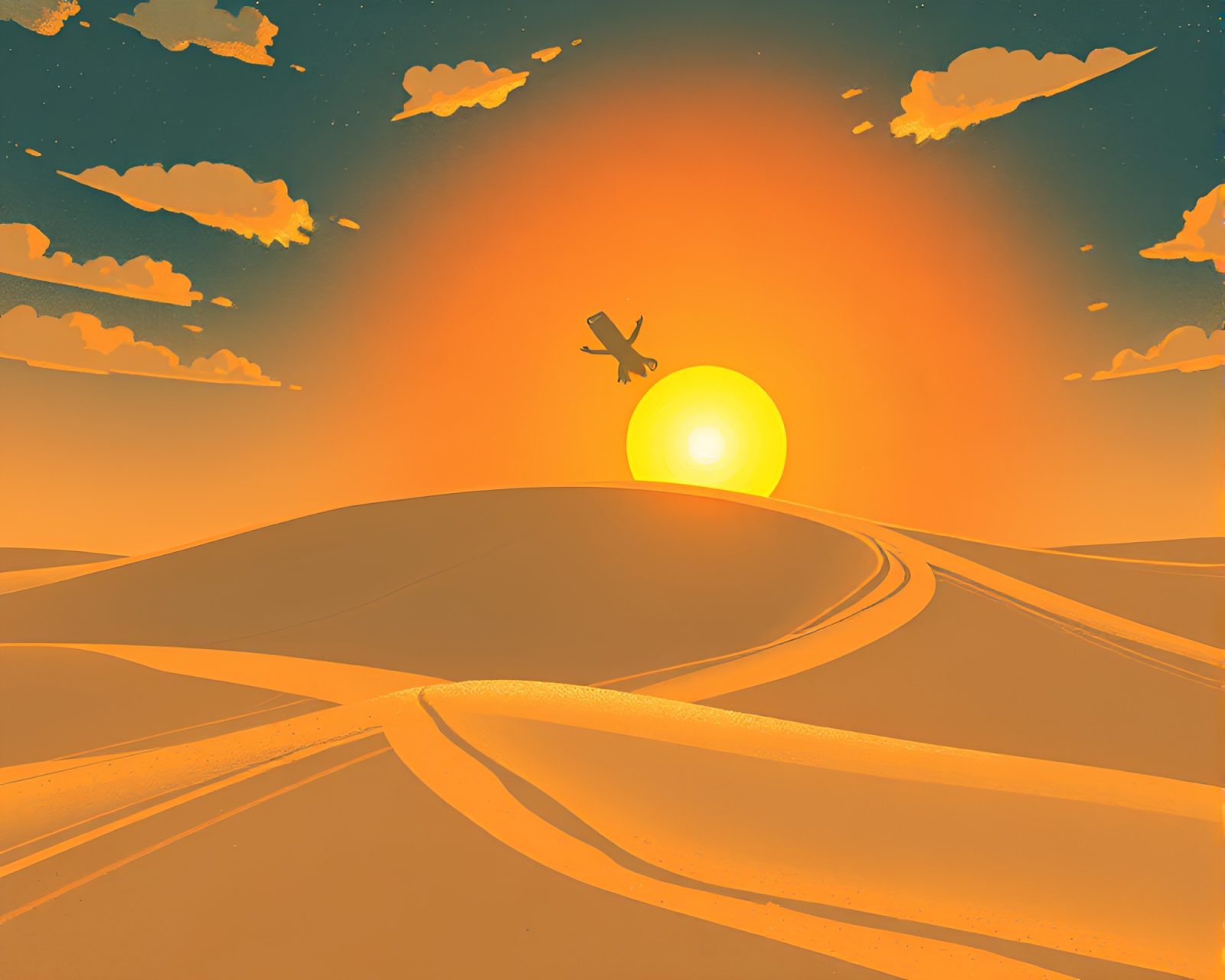 Vibrant illustration of children playing on glowing sand dunes