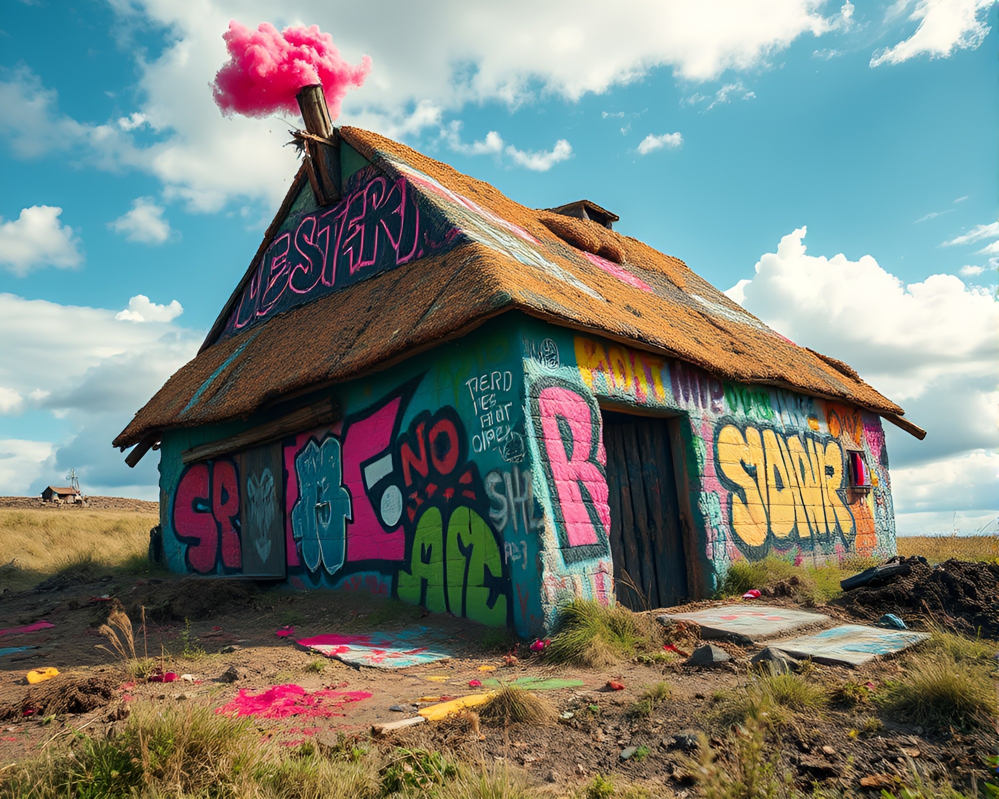 Spray Paint Graffiti Mud Hut in Hyper-Saturated Light – free AI stock image