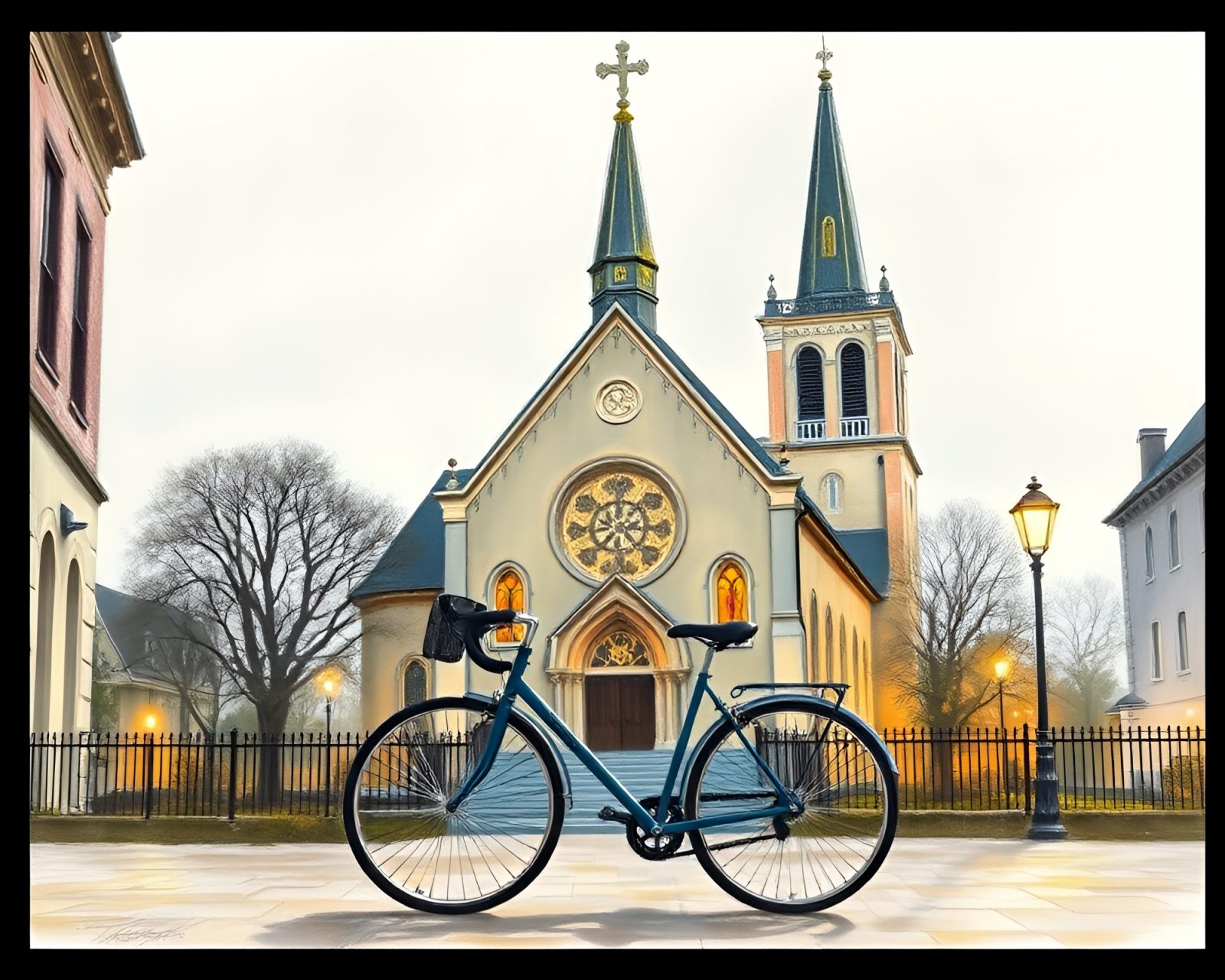 Pastel drawing of a bicycle illuminated by church candlelight