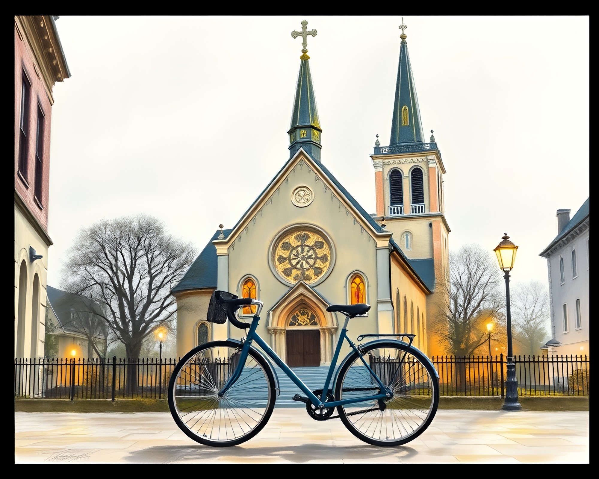 Bicycle in Church Candlelight Pastel Drawing – free AI stock image