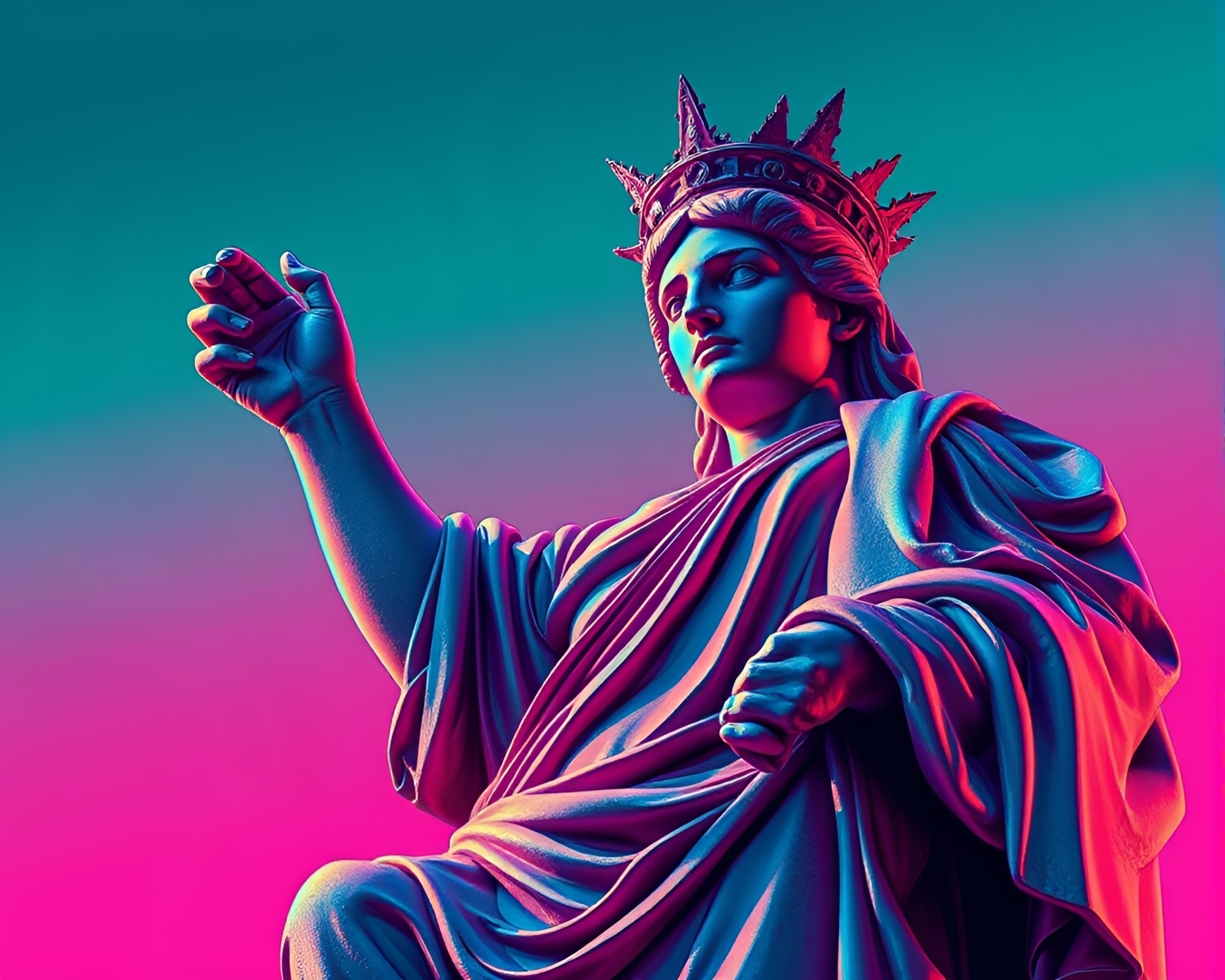 Hyper-Saturated Retrowave Statue in Shading Strokes Composition – free AI stock image