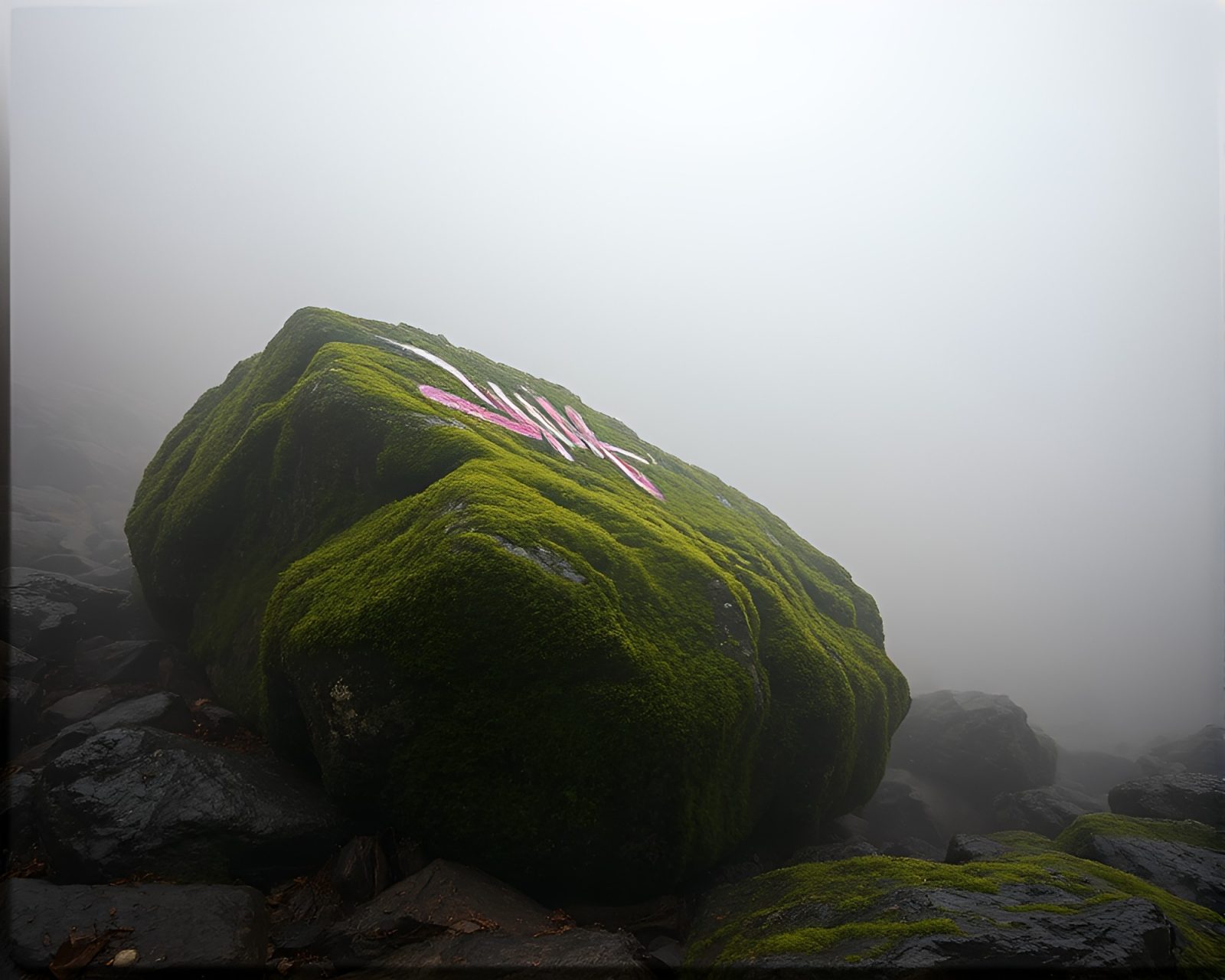 Soft focus image of mossy rock in colorful haze