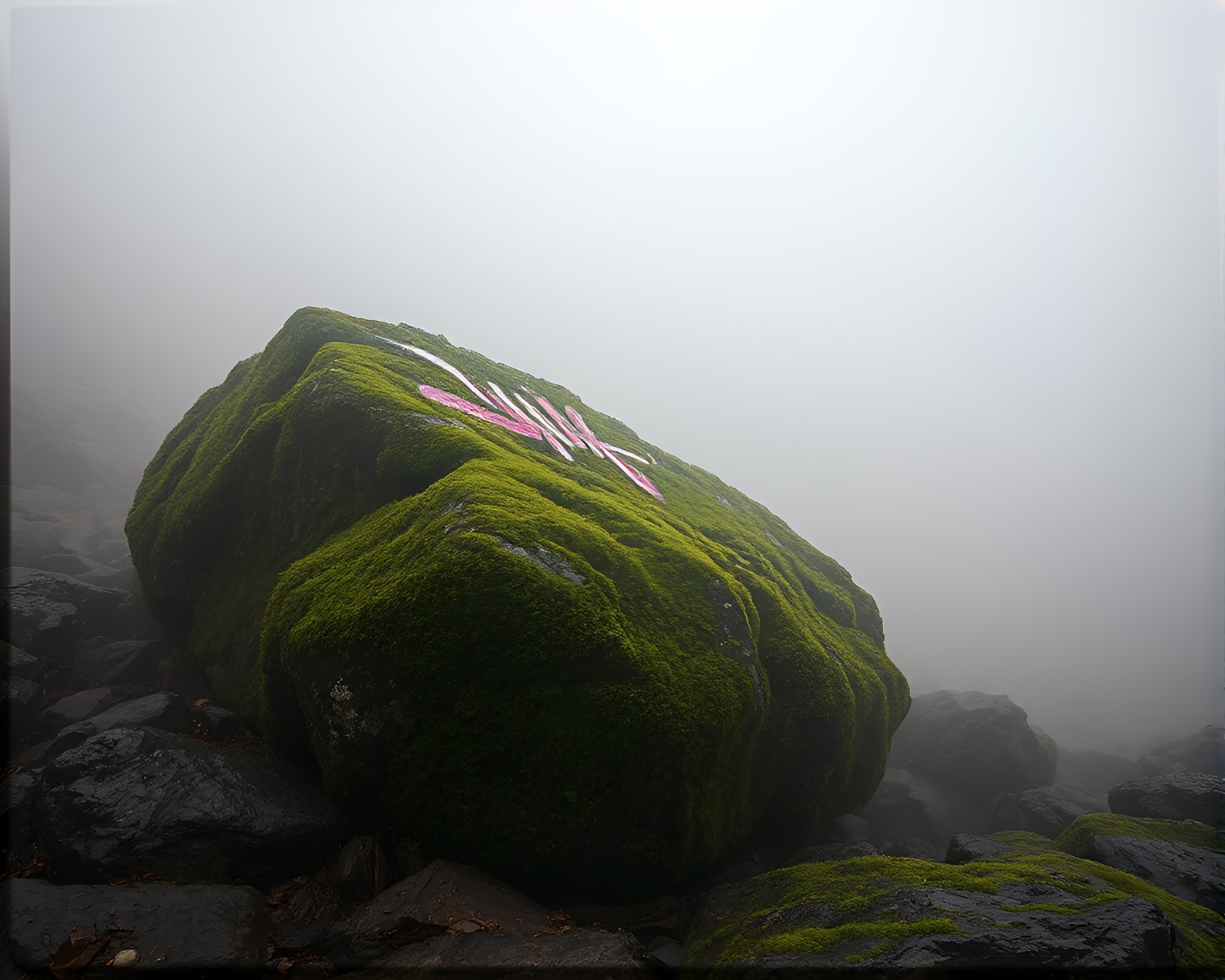Mysterious Moss-Covered Rock in Neon Fog – free AI stock image