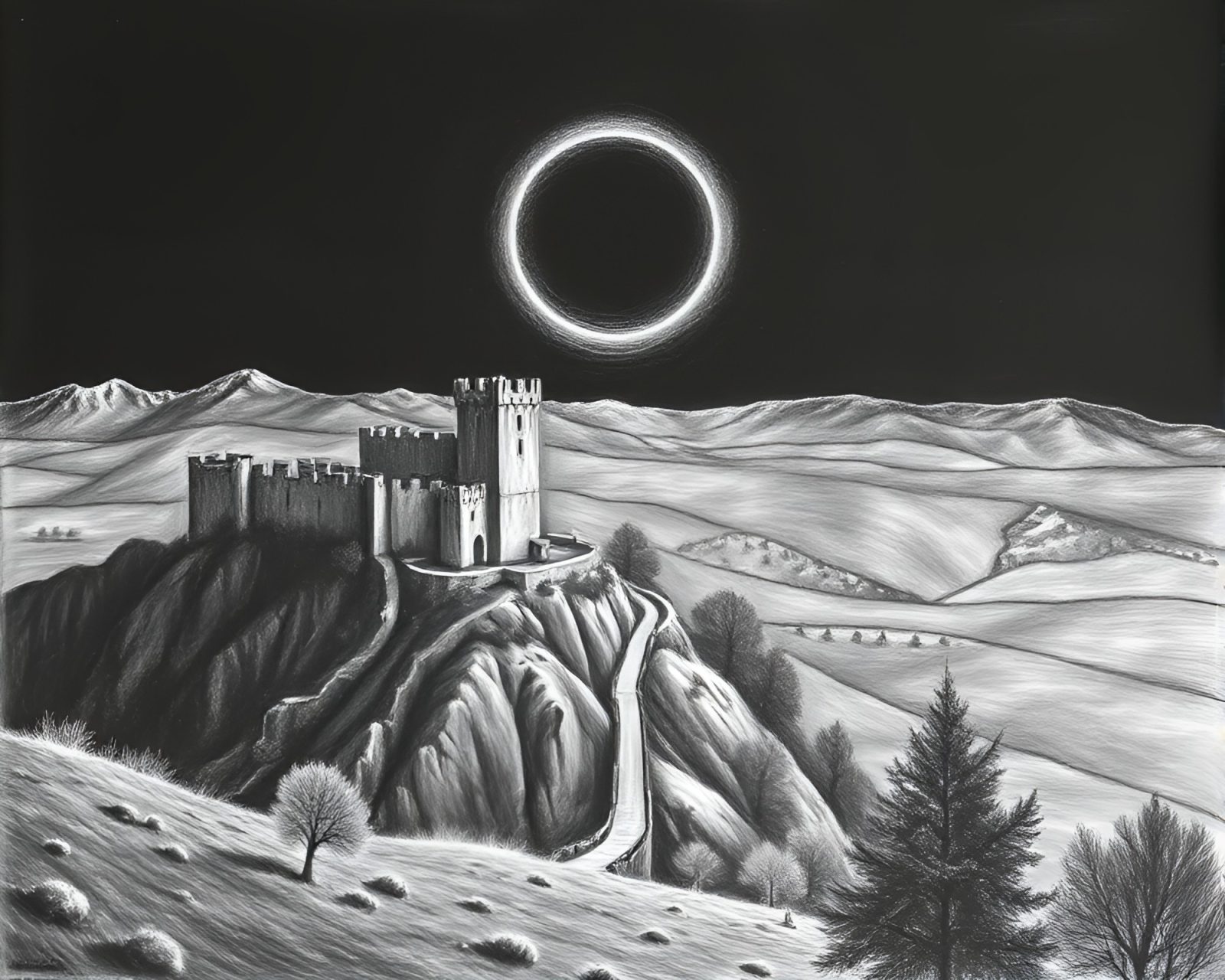 Panoramic view of a castle under an eclipse shadow