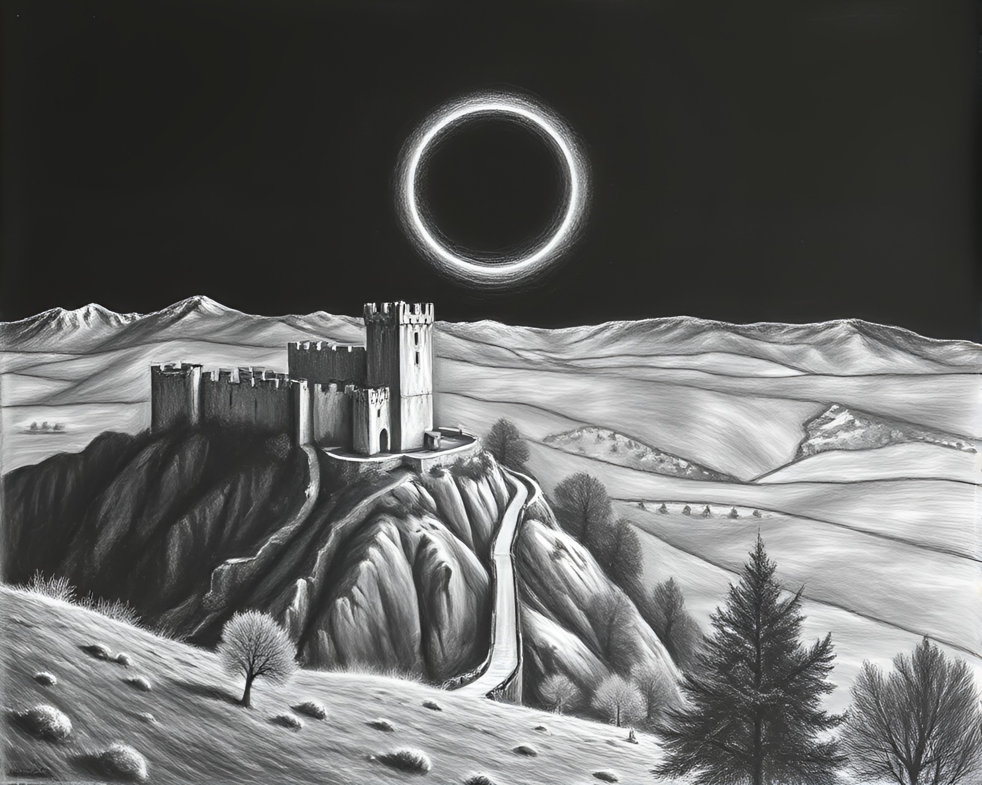 Eclipse Shadow over Castle Chalk Drawing Panorama – free AI stock image