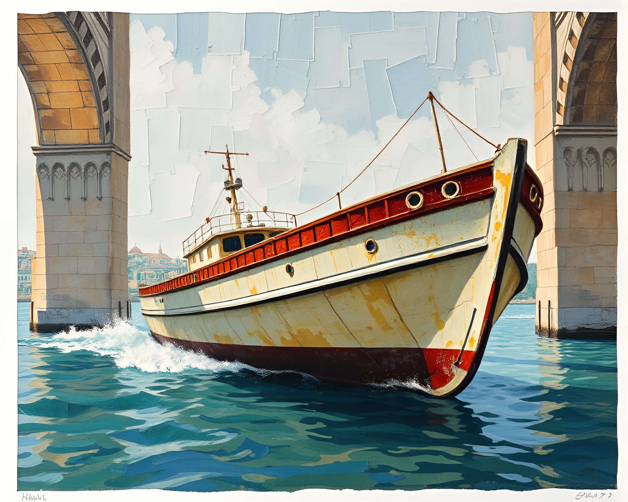Hydrofoil Boat Through Architectural Frame Lithograph – free AI stock image