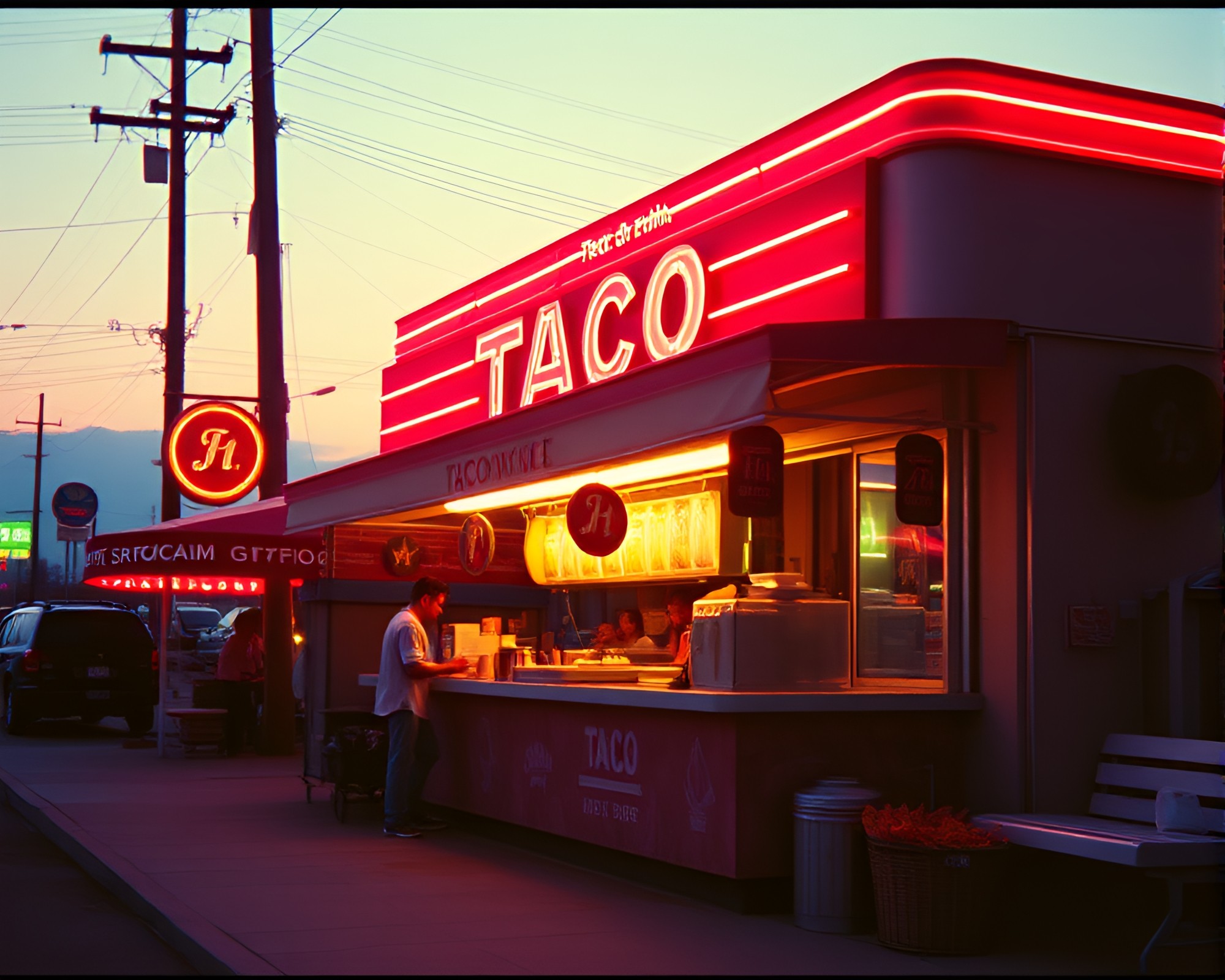 Vaporwave Taco Stand with Depth Layering – free AI stock image
