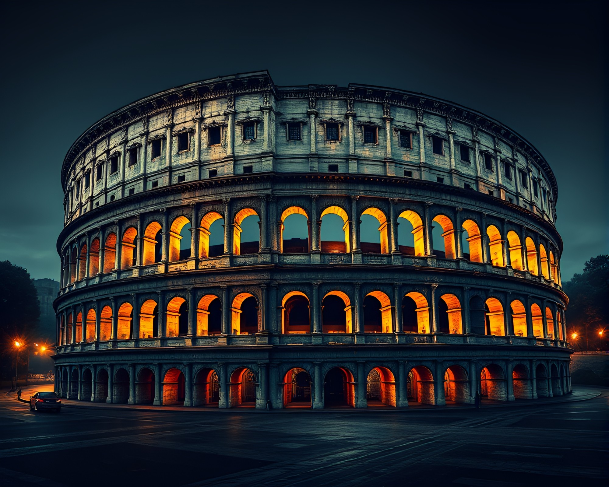 Chiaroscuro Coliseum: Bronze Dot Matrix Illumination – free AI stock image