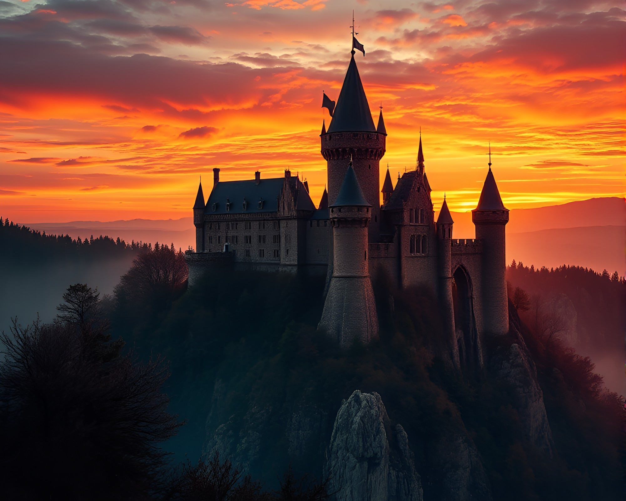 Fractal Castle Silhouetted by Warm Sunset Hues – free AI stock image