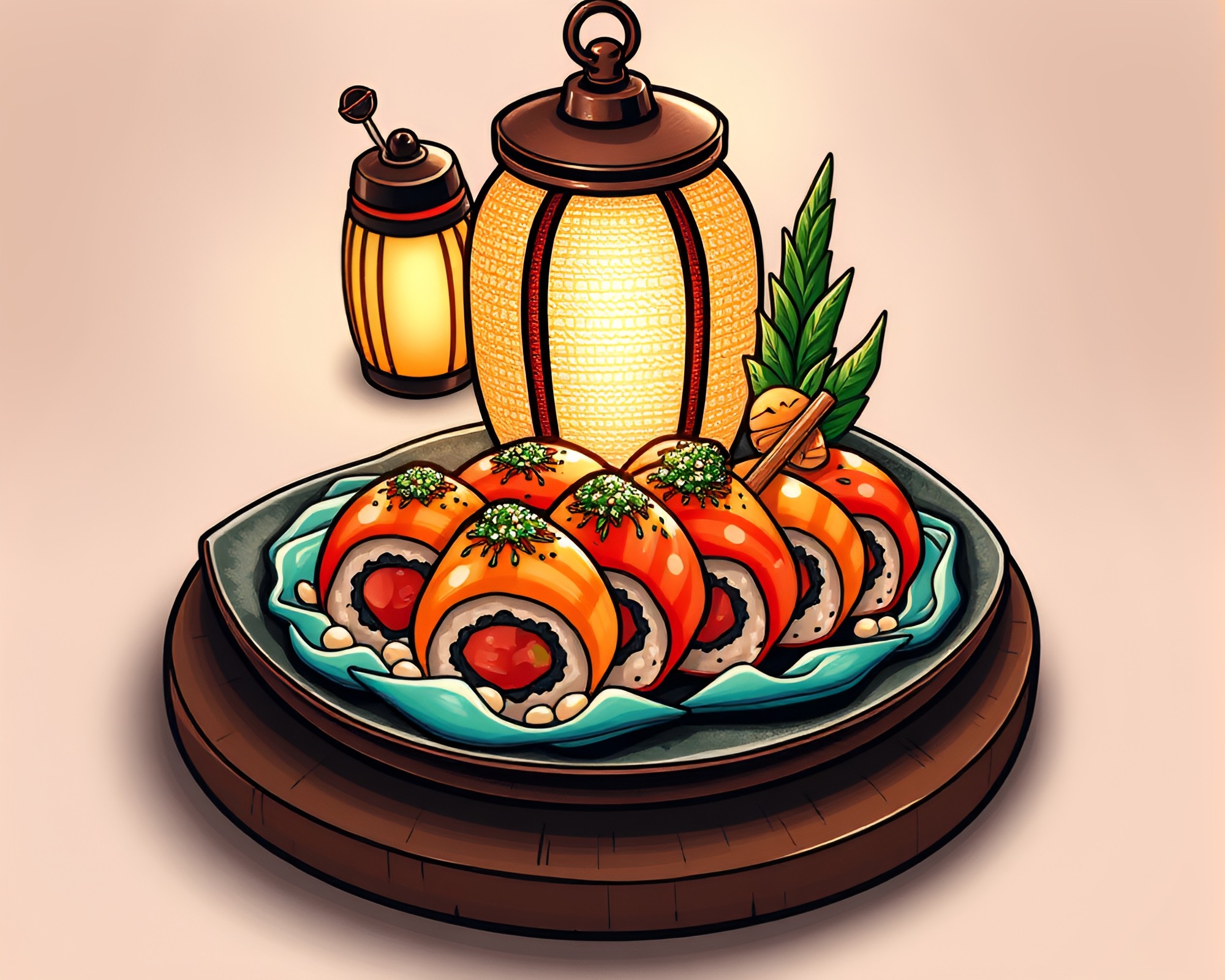 Sushi Platter Illuminated by Lantern Light and Tattoo Art – free AI stock image