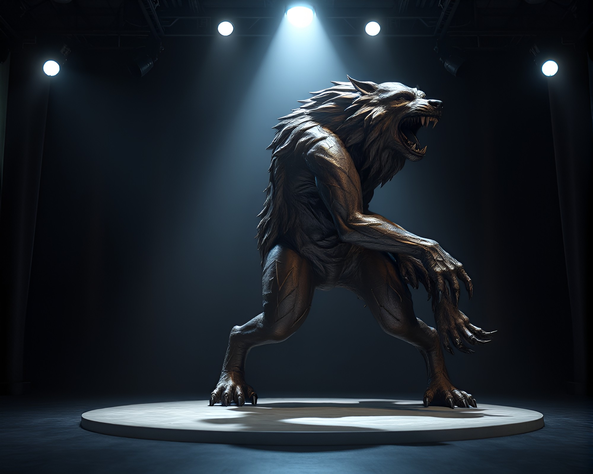 Bronze Patina Werewolf in Stage Spotlight – free AI stock image