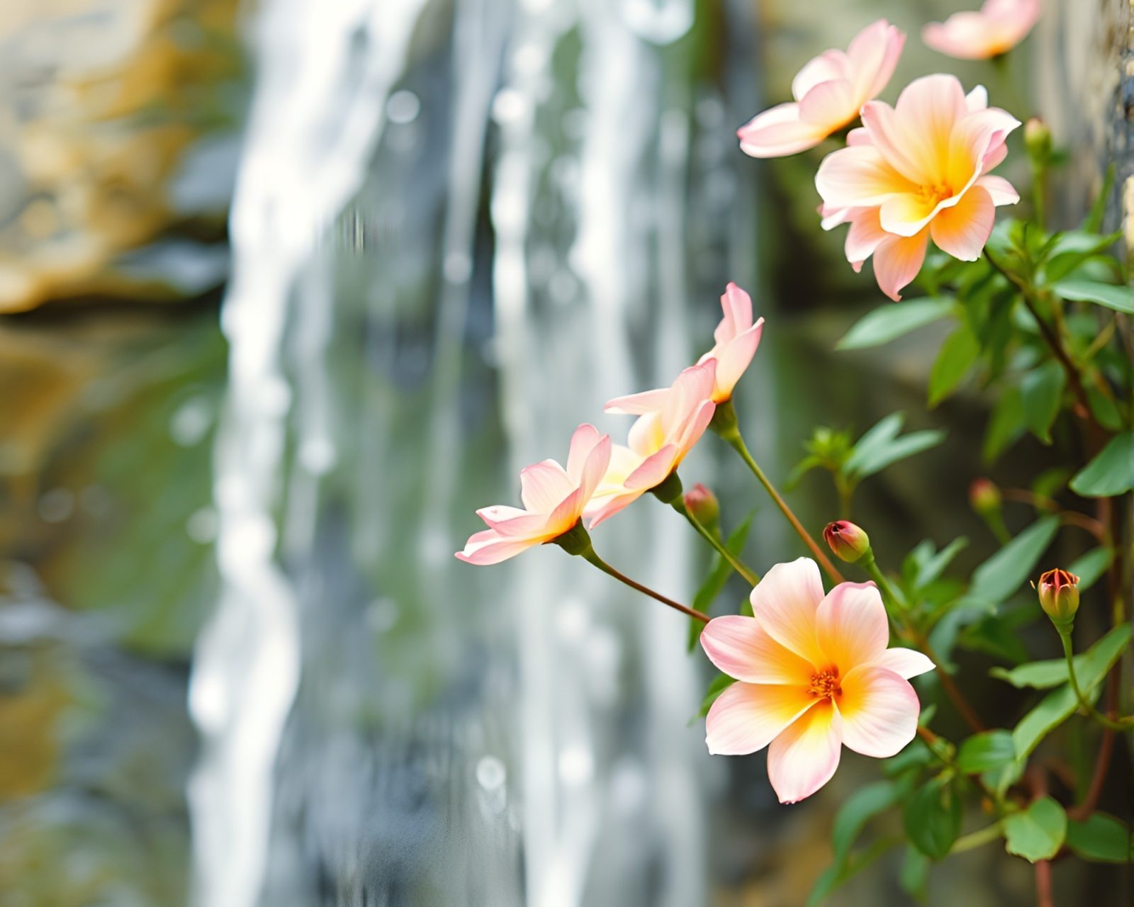 Soft focus watercolor of serene waterfall surrounded by blooms