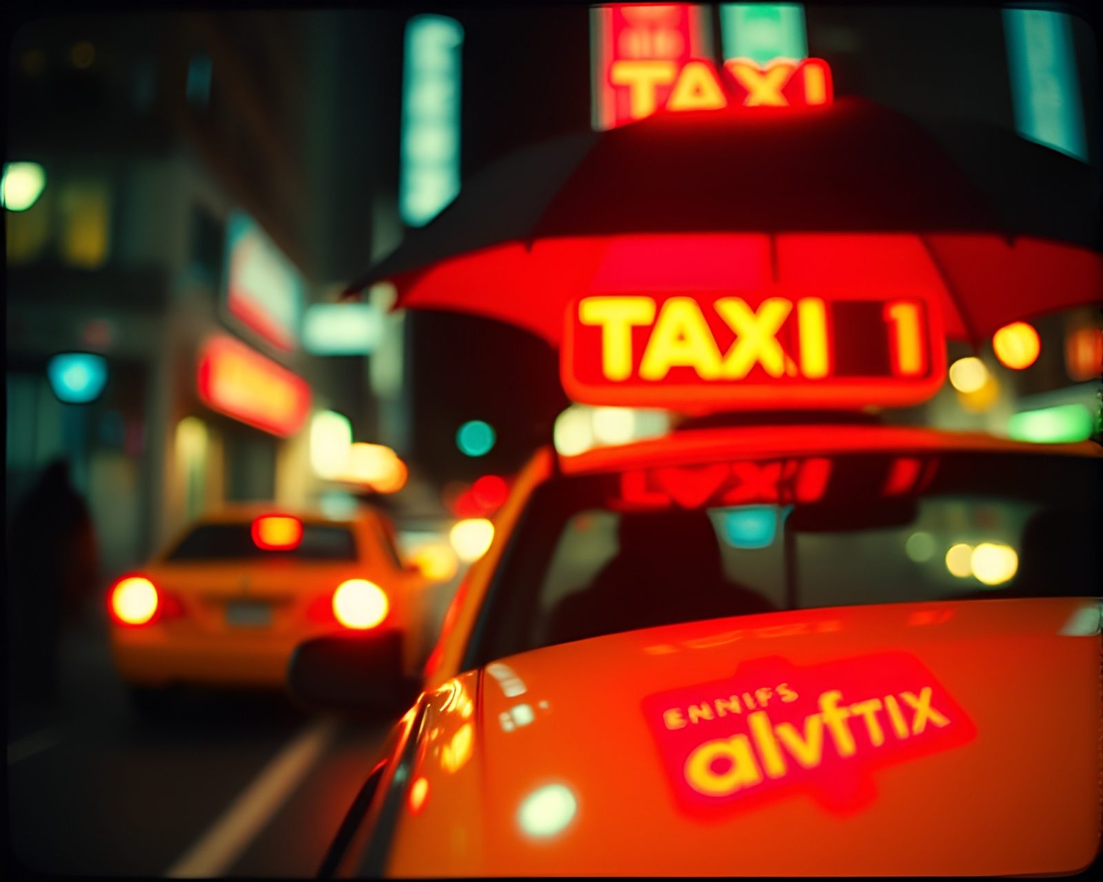 Glowing umbrella in motion blur taxi scene