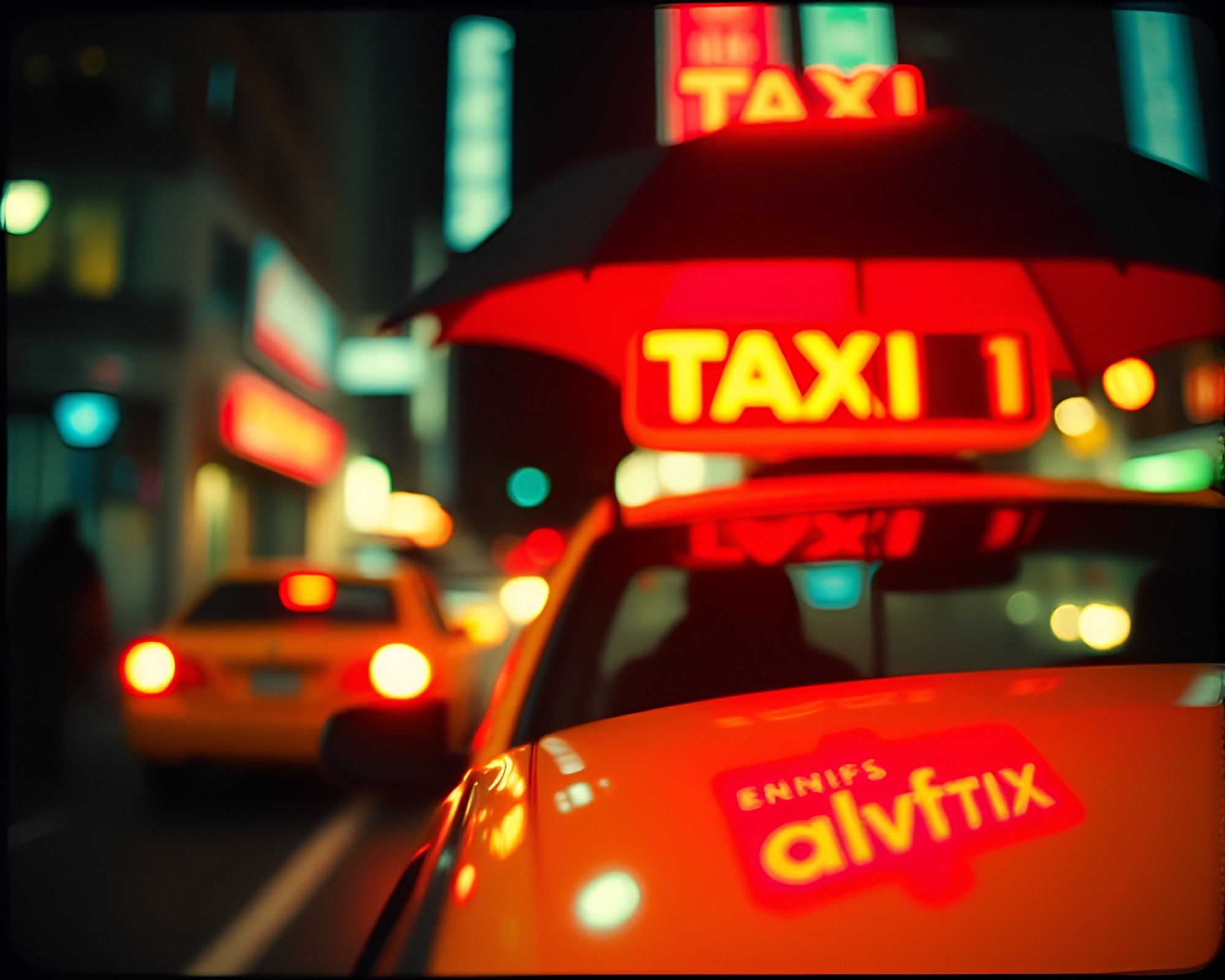 Neon-lit umbrella in taxi blur streak – free AI stock image