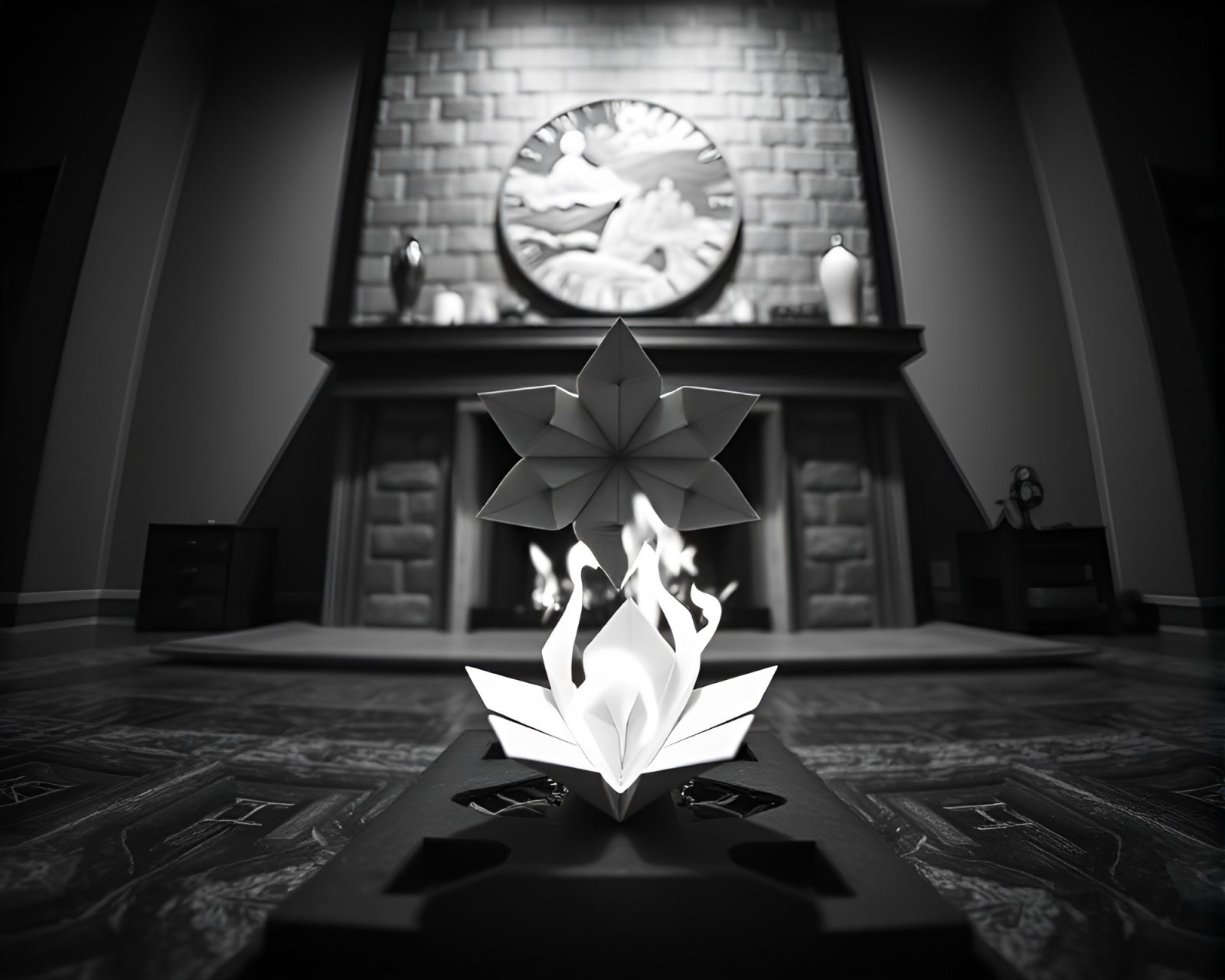 Monochrome wide-angle view of origami flower in firelight