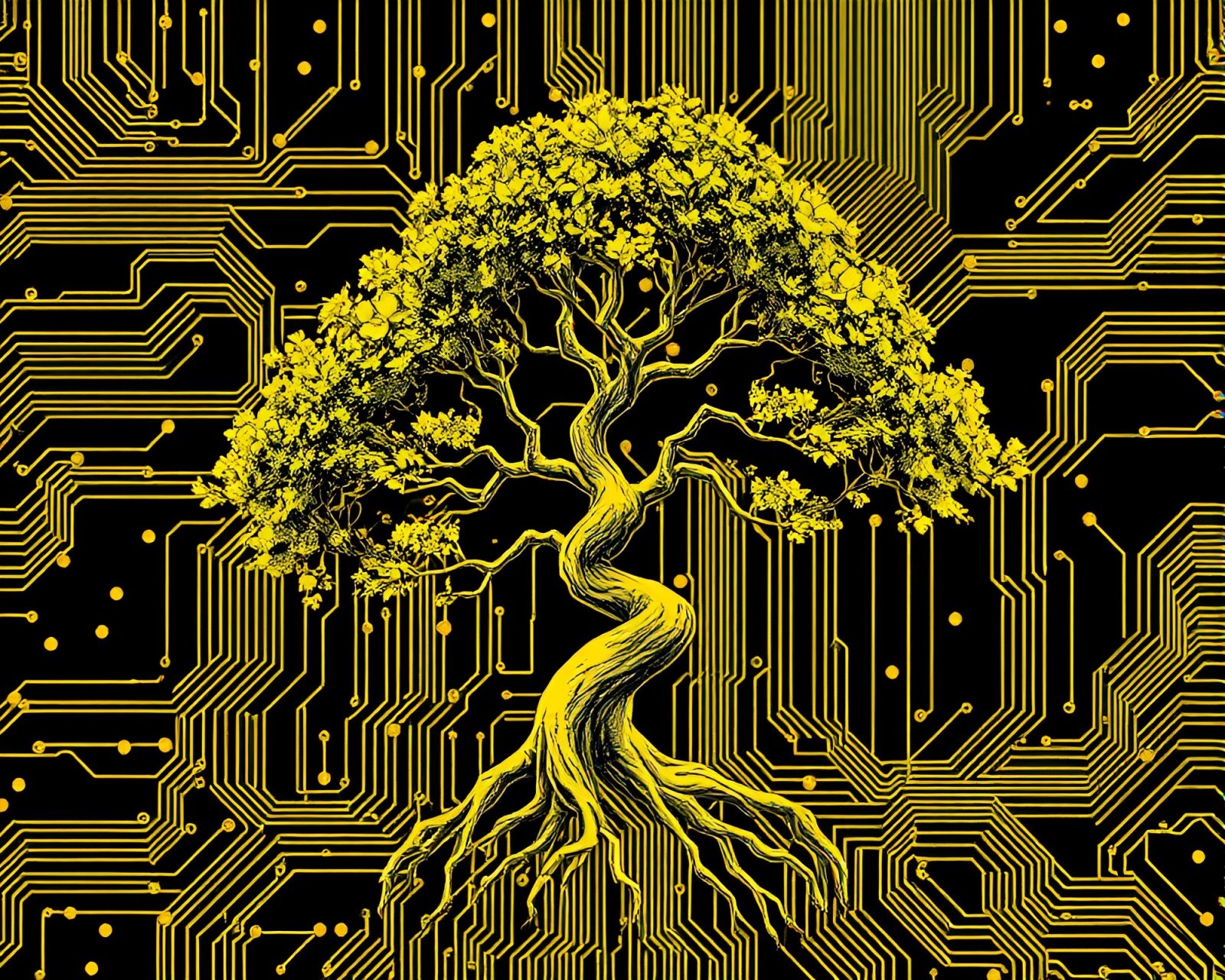 Monochrome yellow neural style bonsai tree intertwined with circuit board traces.