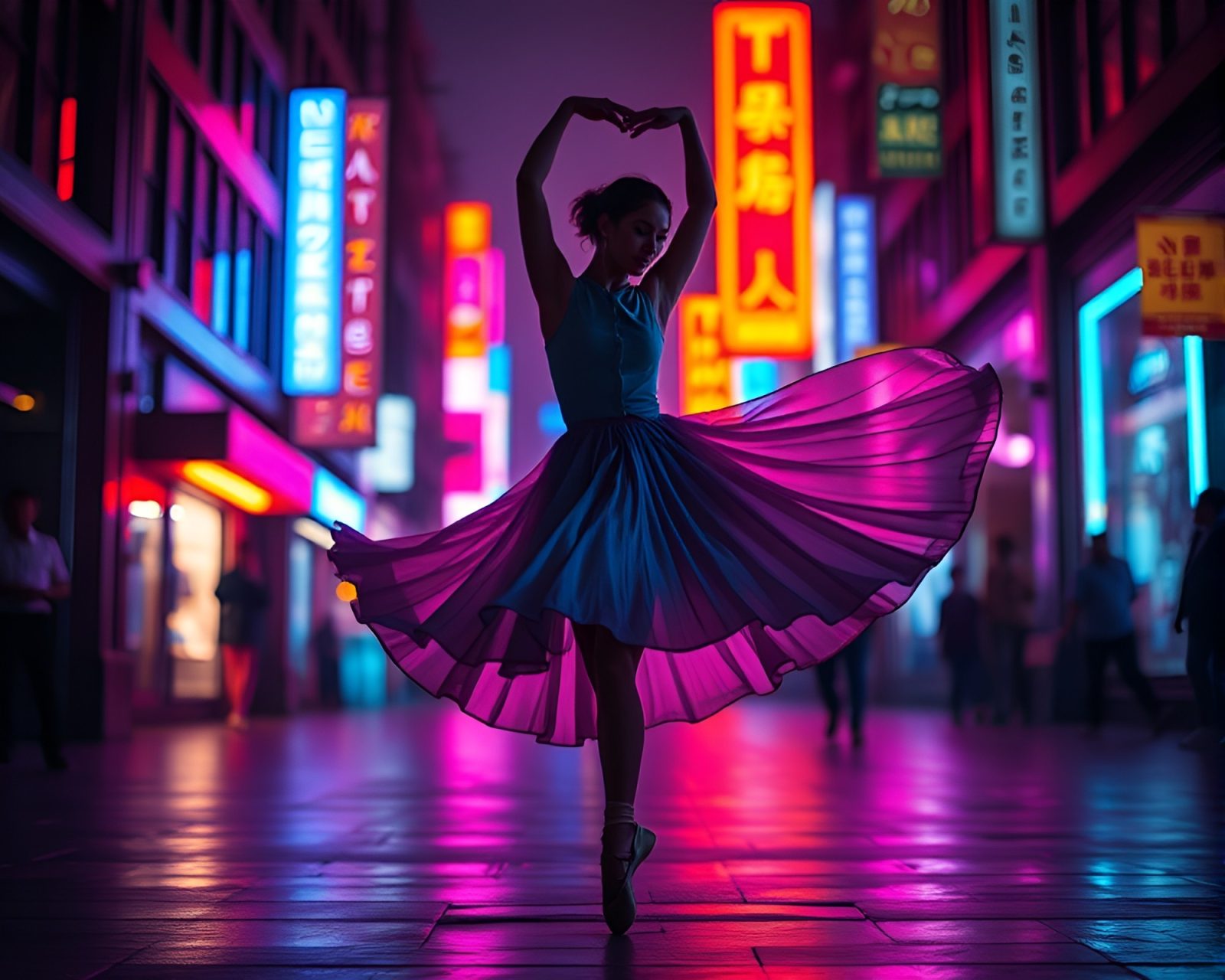 Glowing city lights frame ballet dancer in flowing fabrics