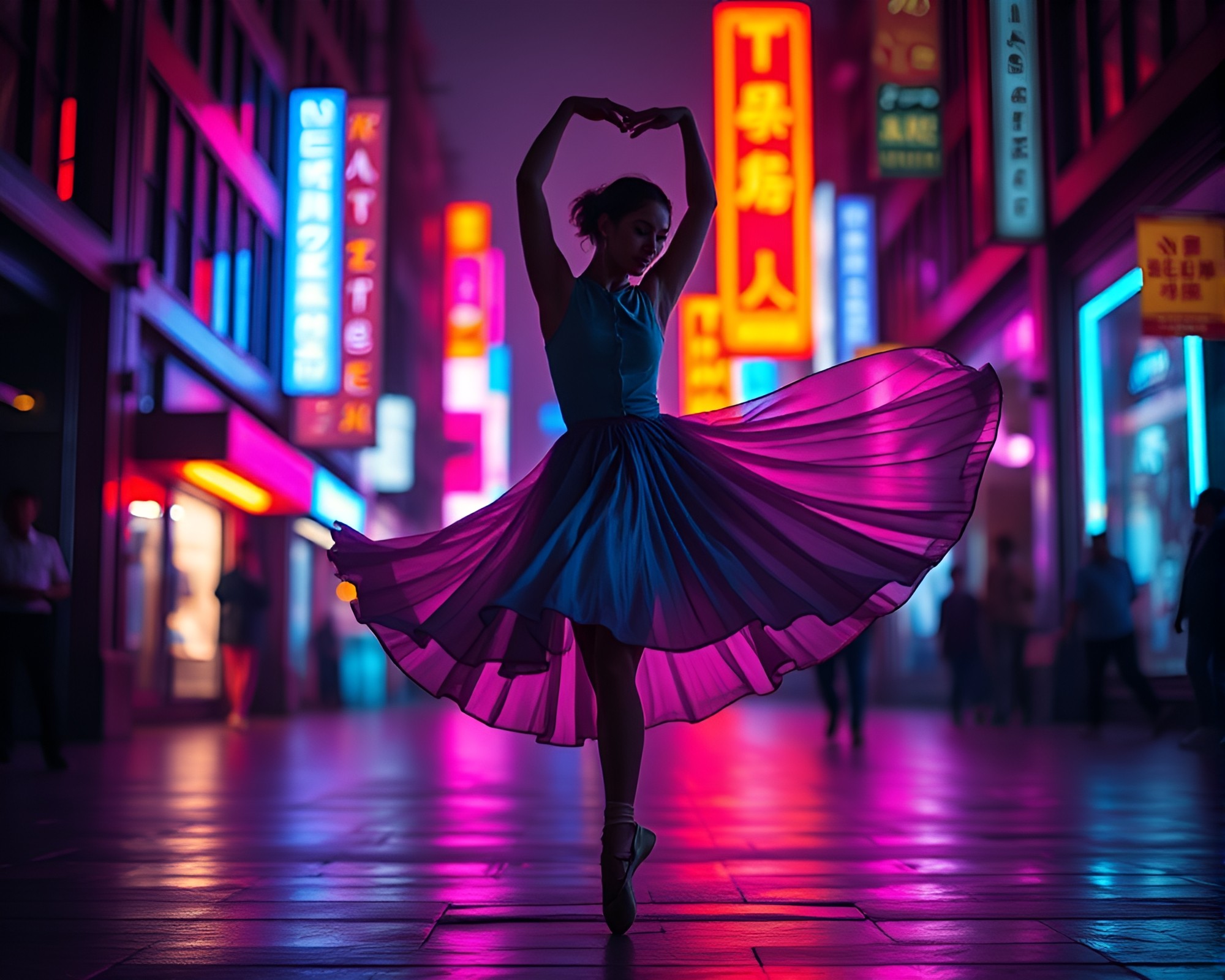 Neon City Ballet Dancer in Fabric Folds – free AI stock image
