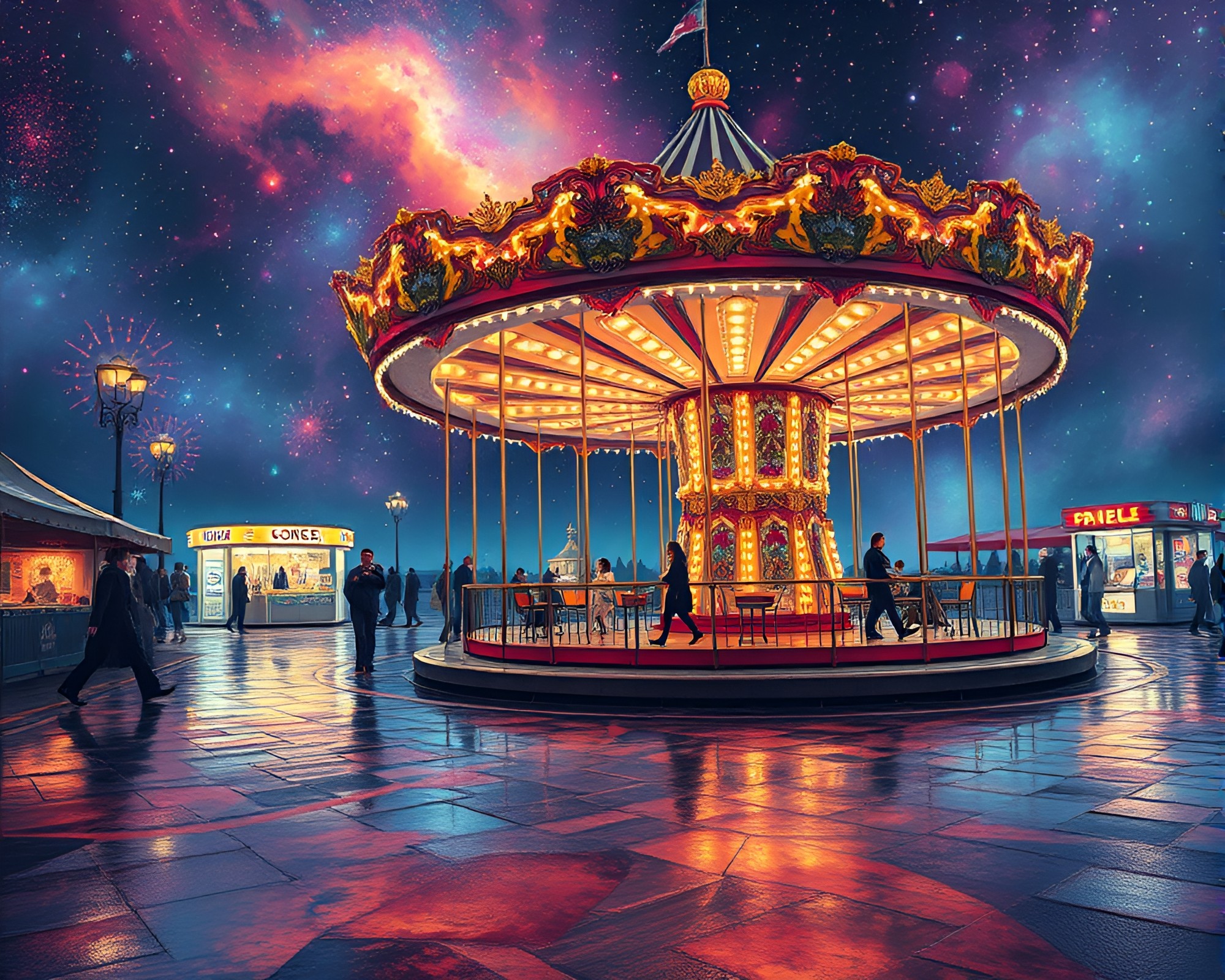Enchanting Carnival Carousel under Cosmic Nebula Skies – free AI stock image