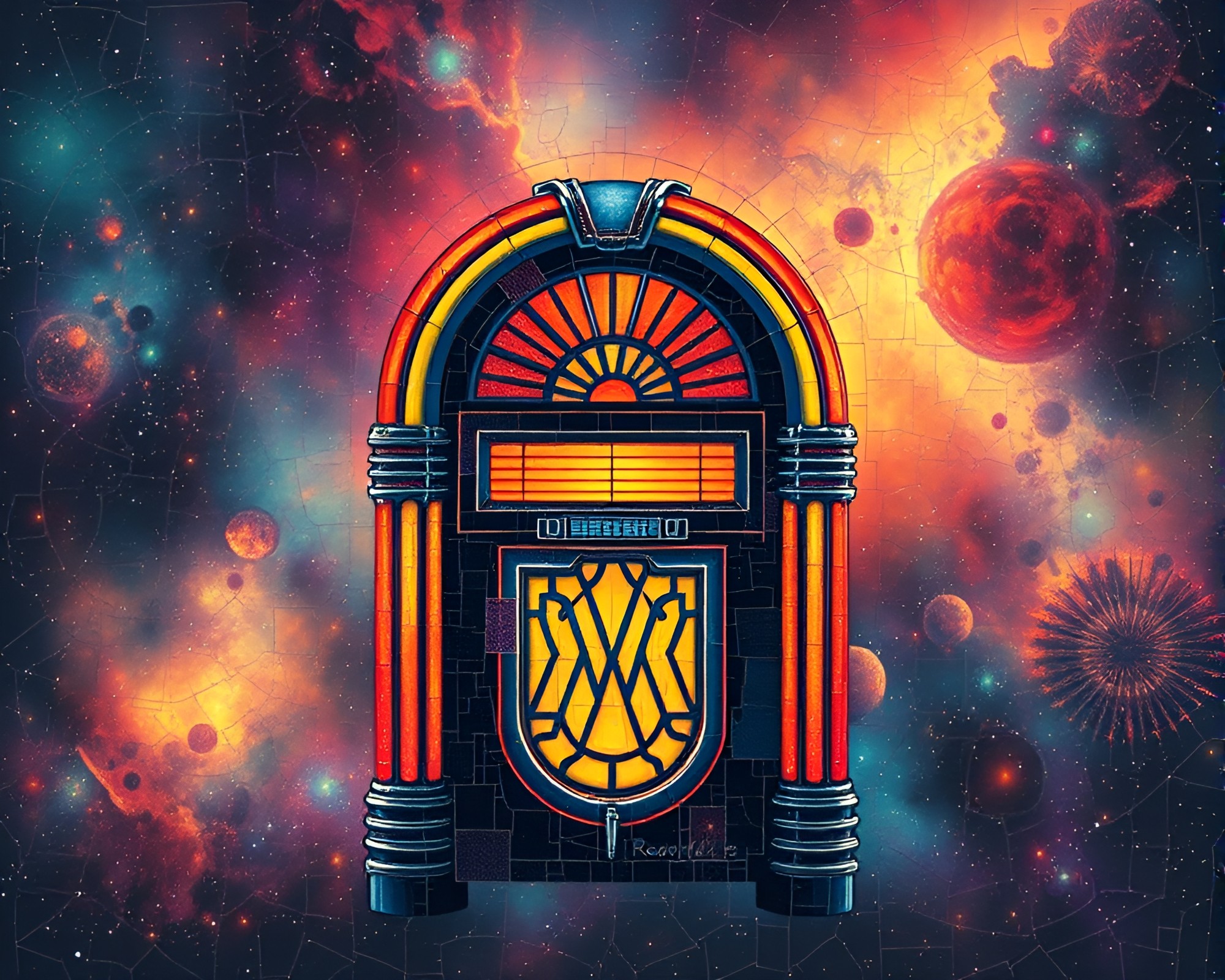 Retro Jukebox Fragmented Mosaic in Cosmic Nebula Hues – free AI stock image